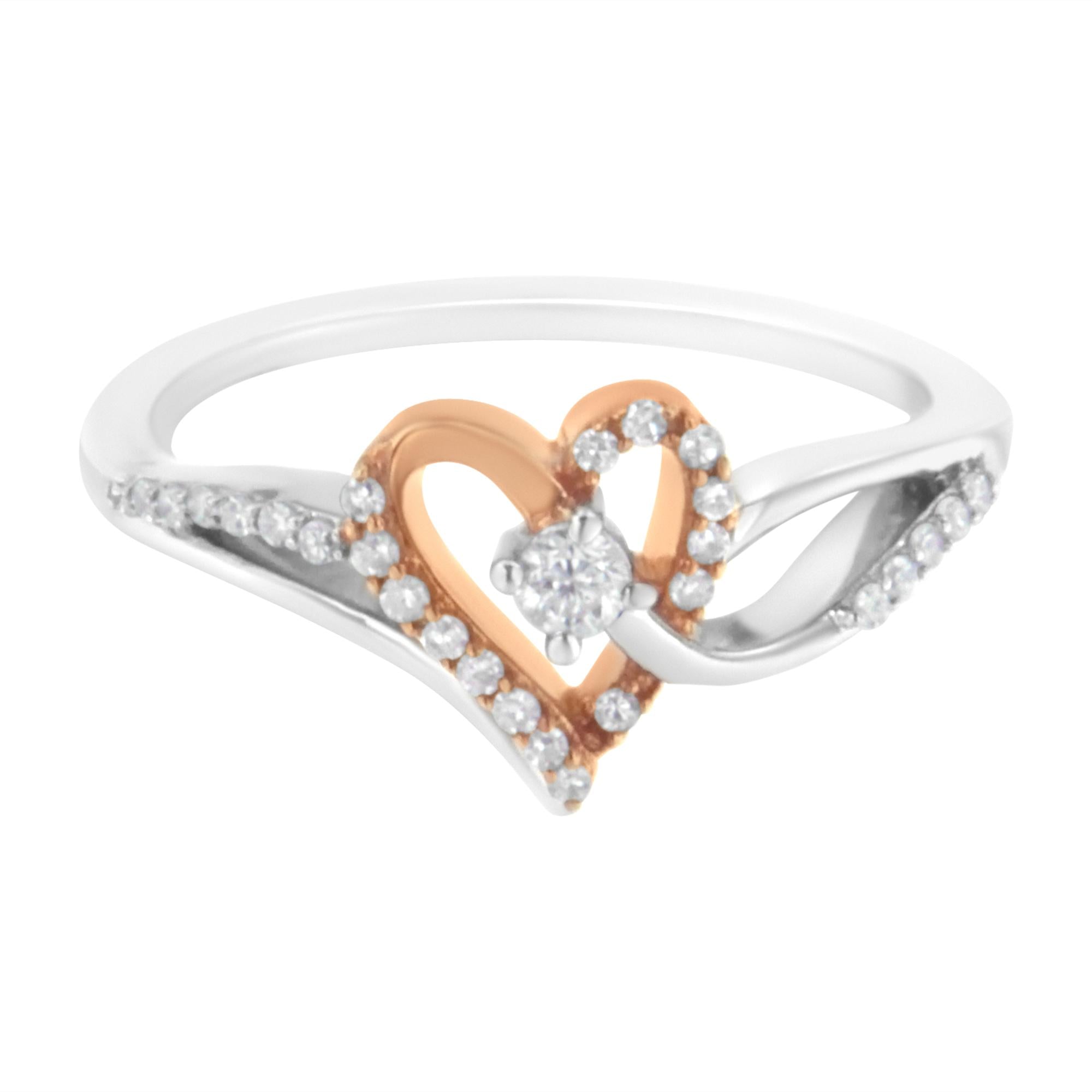 10K Rose Gold Plated .925 Sterling Silver 1/5 Cttw Diamond Two Tone Open Heart Promise or Fashion Ring (I-J Color, I2-I3 Clarity) - Friggin Jewelry