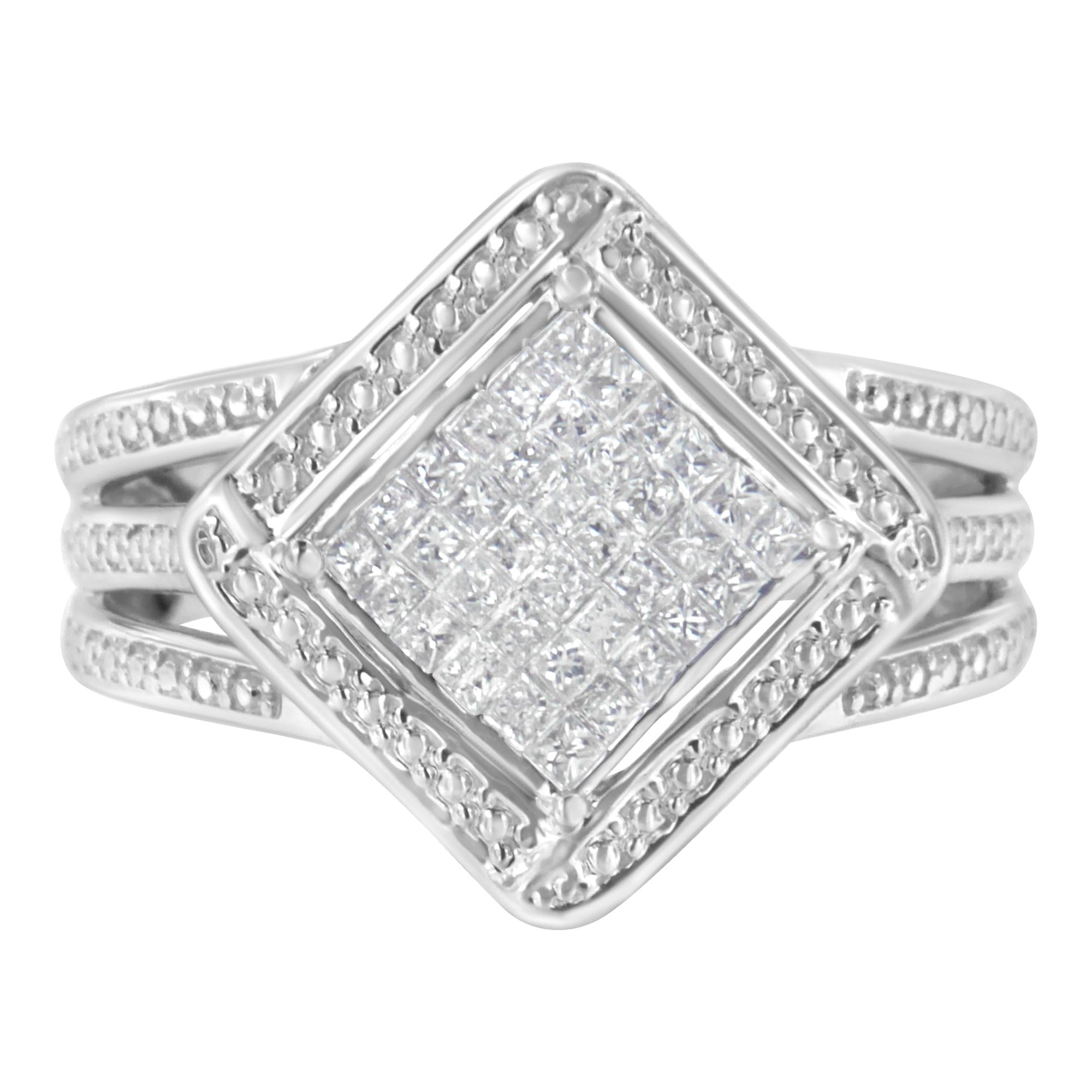 .925 Sterling Silver 2/5 Cttw Princess Cut Diamond Square On Point Cluster Composite Cocktail Ring (H-I Color, SI1-SI2 Clarity) - Friggin Jewelry