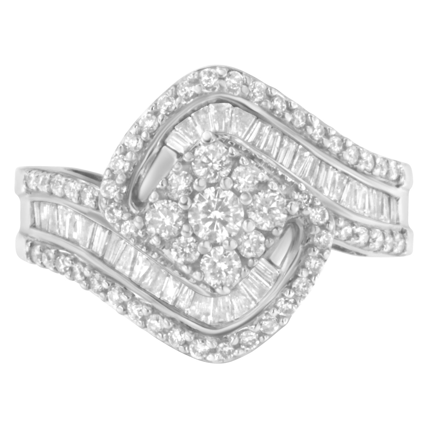 14K White Gold 1.0 Cttw Baguette & Brilliant-Cut Diamond Round Floral Cluster Engagement or Fashion Ring with Swirl Wrapped Triple Row Band (H-I Color, SI2-I1 Clarity) - Friggin Jewelry