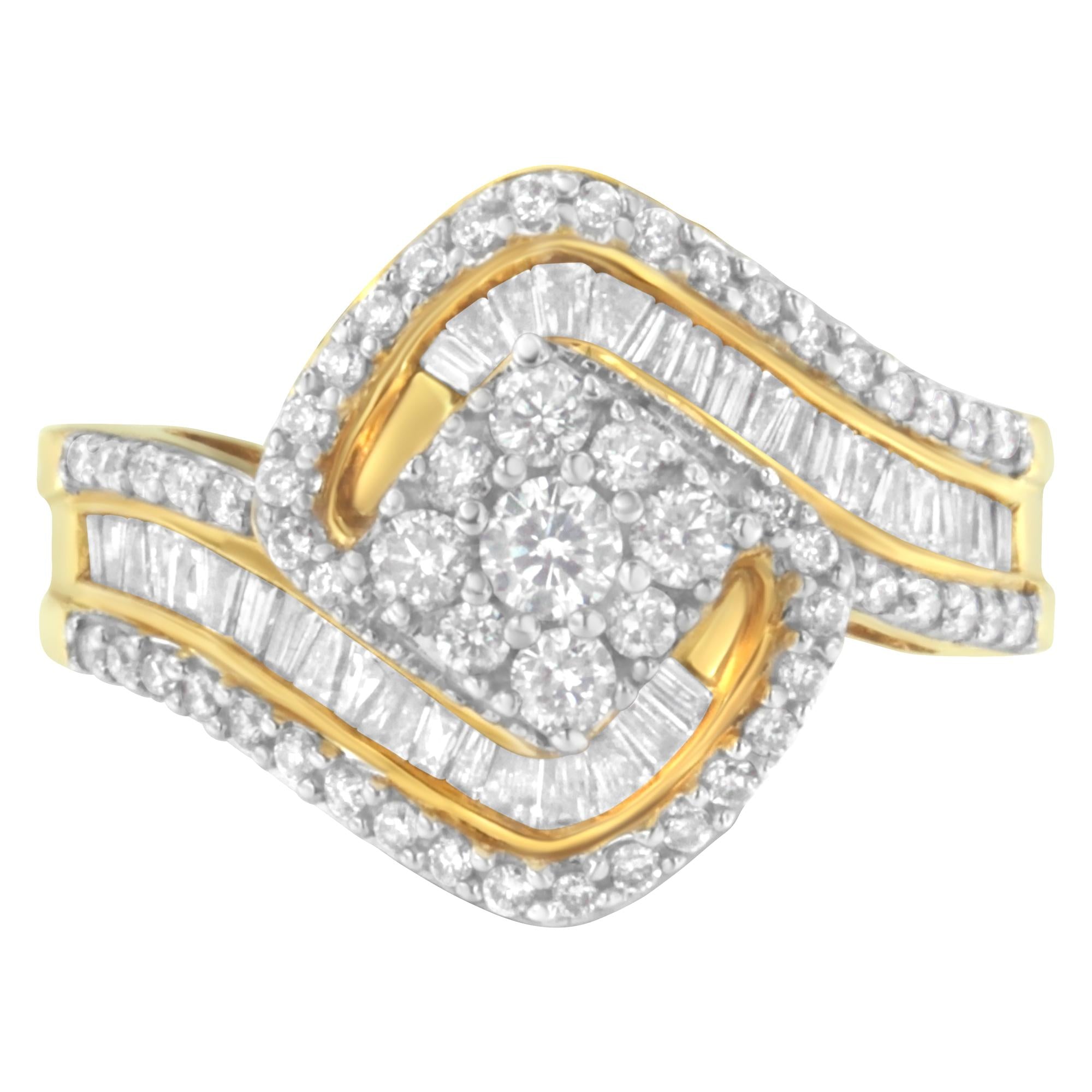 14K Yellow Gold 1.0 Cttw Baguette & Brilliant-Cut Diamond Round Floral Cluster Engagement or Fashion Ring with Swirl Wrapped Triple Row Band (H-I Color, SI2-I1 Clarity) - Friggin Jewelry