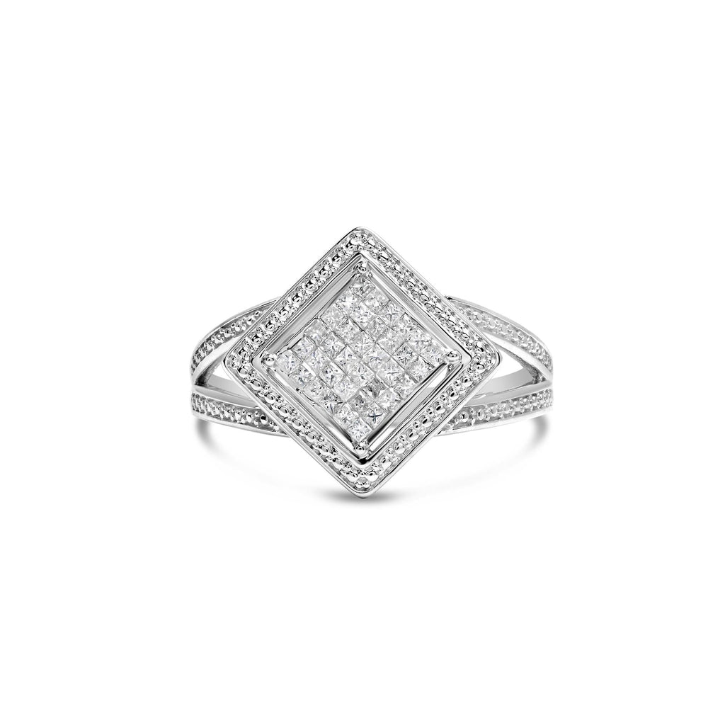 Anillo de plata de ley 925 con halo de cuentas y rombos de diamantes de talla princesa de 1/3 ct (color HI, claridad SI1-SI2) - Friggin Jewelry