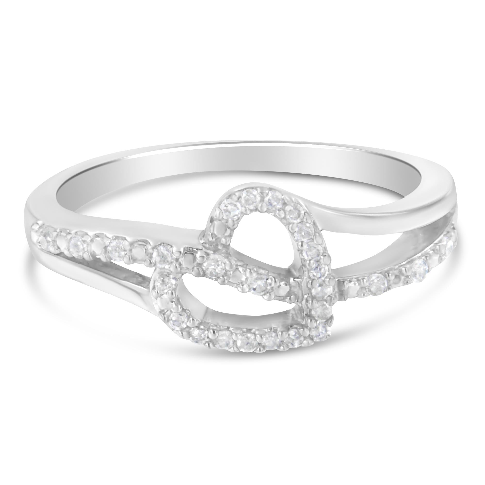 Anillo de compromiso o de moda en plata de ley 925 con 1/8 quilates de diamantes, diseño de corazón abierto, hoja curva y detalle de bypass (color IJ, claridad I2-I3) - Friggin Jewelry