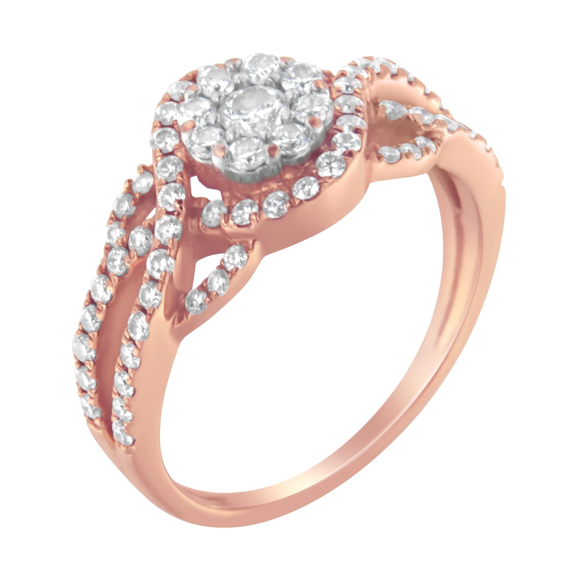 10K Rose Gold 3/4 Cttw Diamond Floral Cluster Head and Twisted Shank Cocktail  Ring (H-I Color, SI1-SI2 Clarity) - Friggin Jewelry