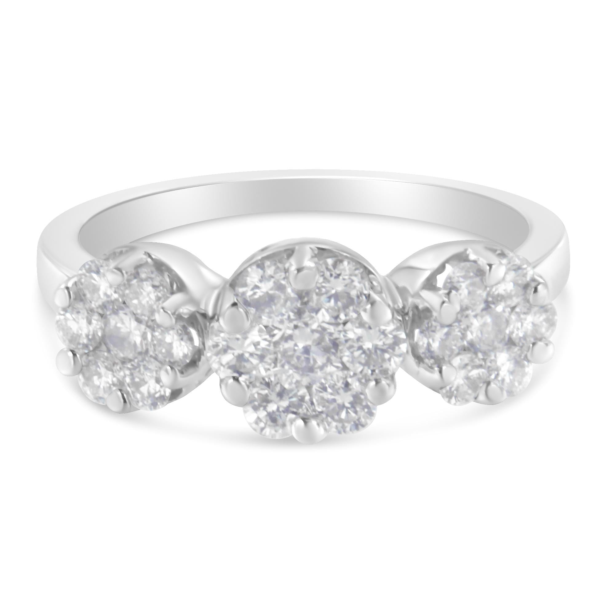 14K White Gold 1-1/4 Cttw Brilliant Cut Diamond Three Round Floral Clusters Engagement or Fashion Ring (H-I Color, SI2-I1 Clarity) - Friggin Jewelry