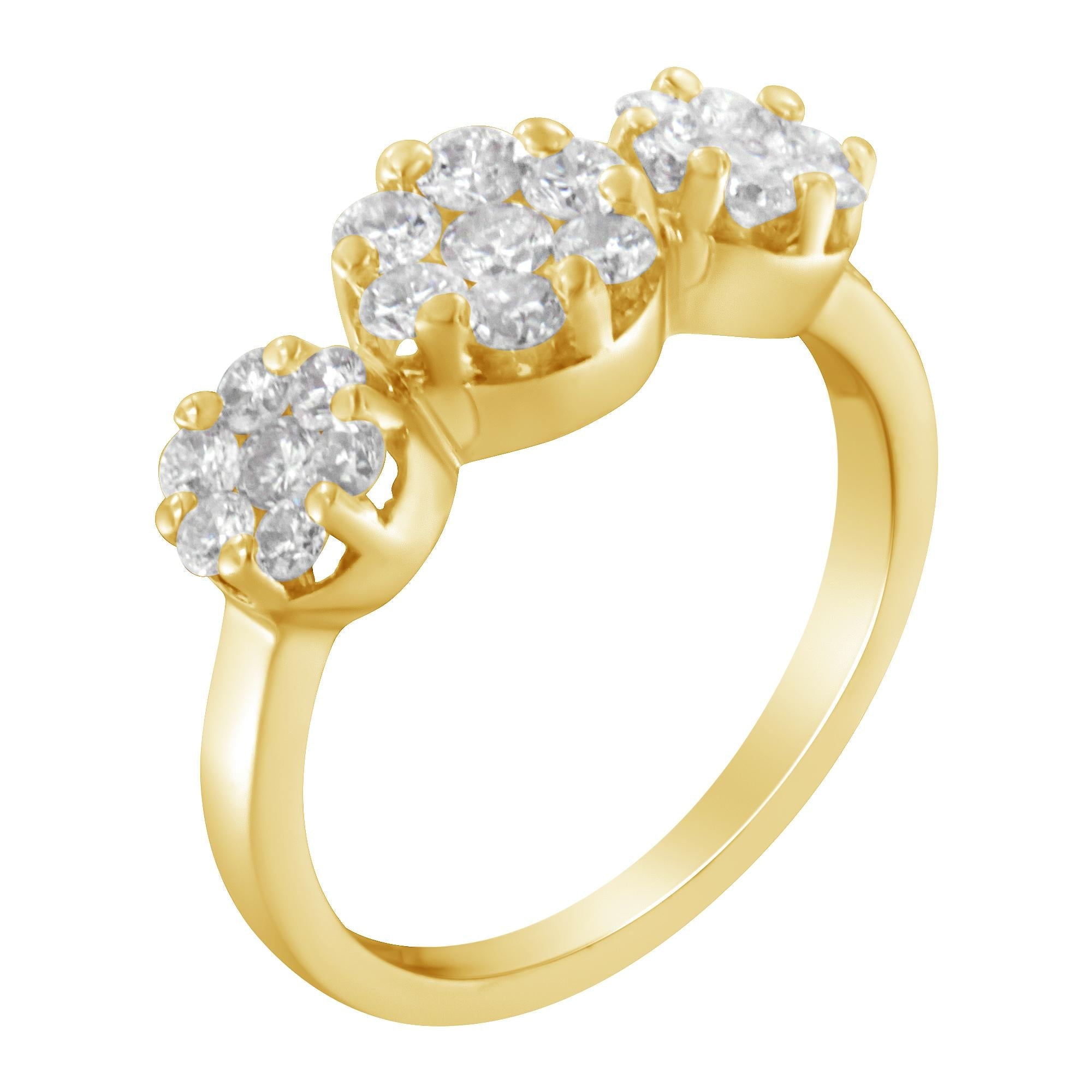 14K Yellow Gold 1-1/4 Cttw Brilliant Cut Diamond Three Round Floral Clusters Engagement or Fashion Ring (H-I Color, SI2-I1 Clarity) - Friggin Jewelry
