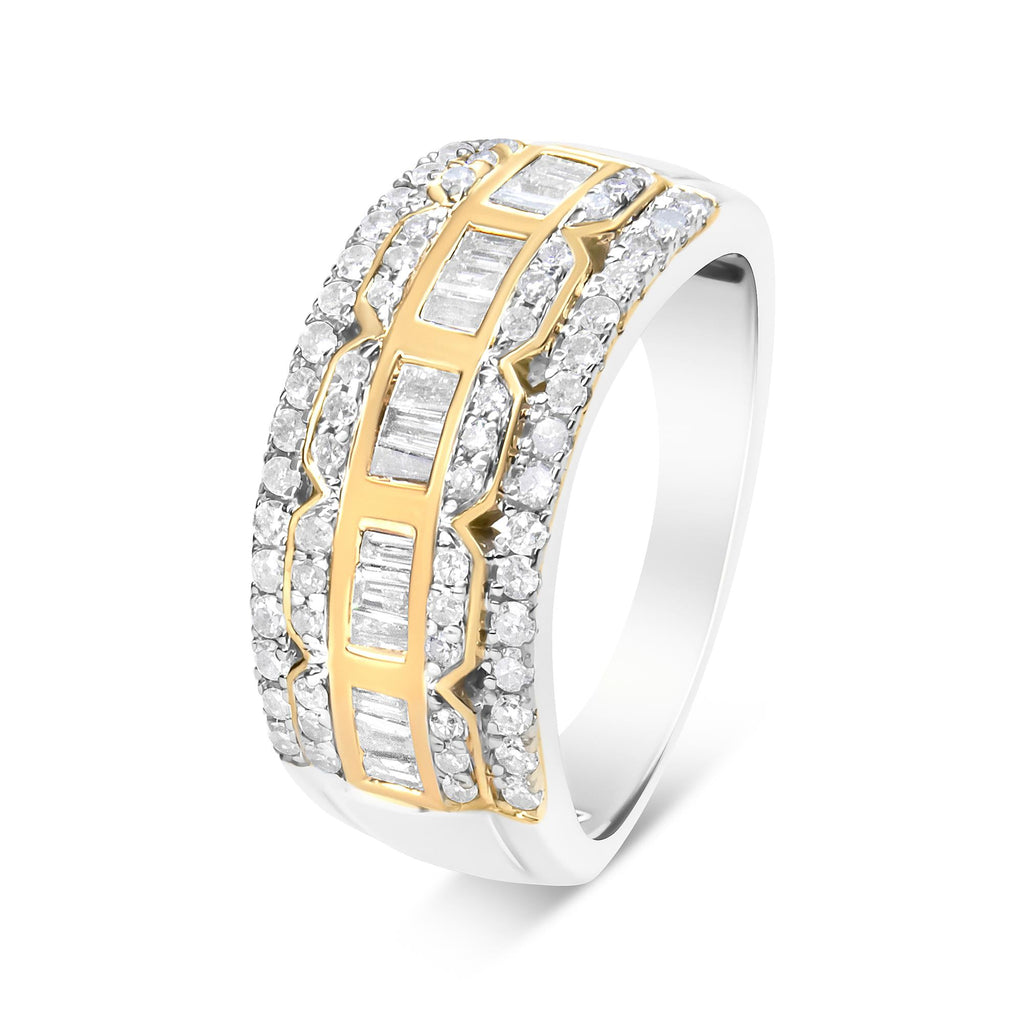 Anillo Art Déco de varias filas de diamantes de talla baguette y redonda de 1,00 ct en oro blanco y amarillo de 10 quilates (color IJ, claridad I1-I2) - Friggin Jewelry
