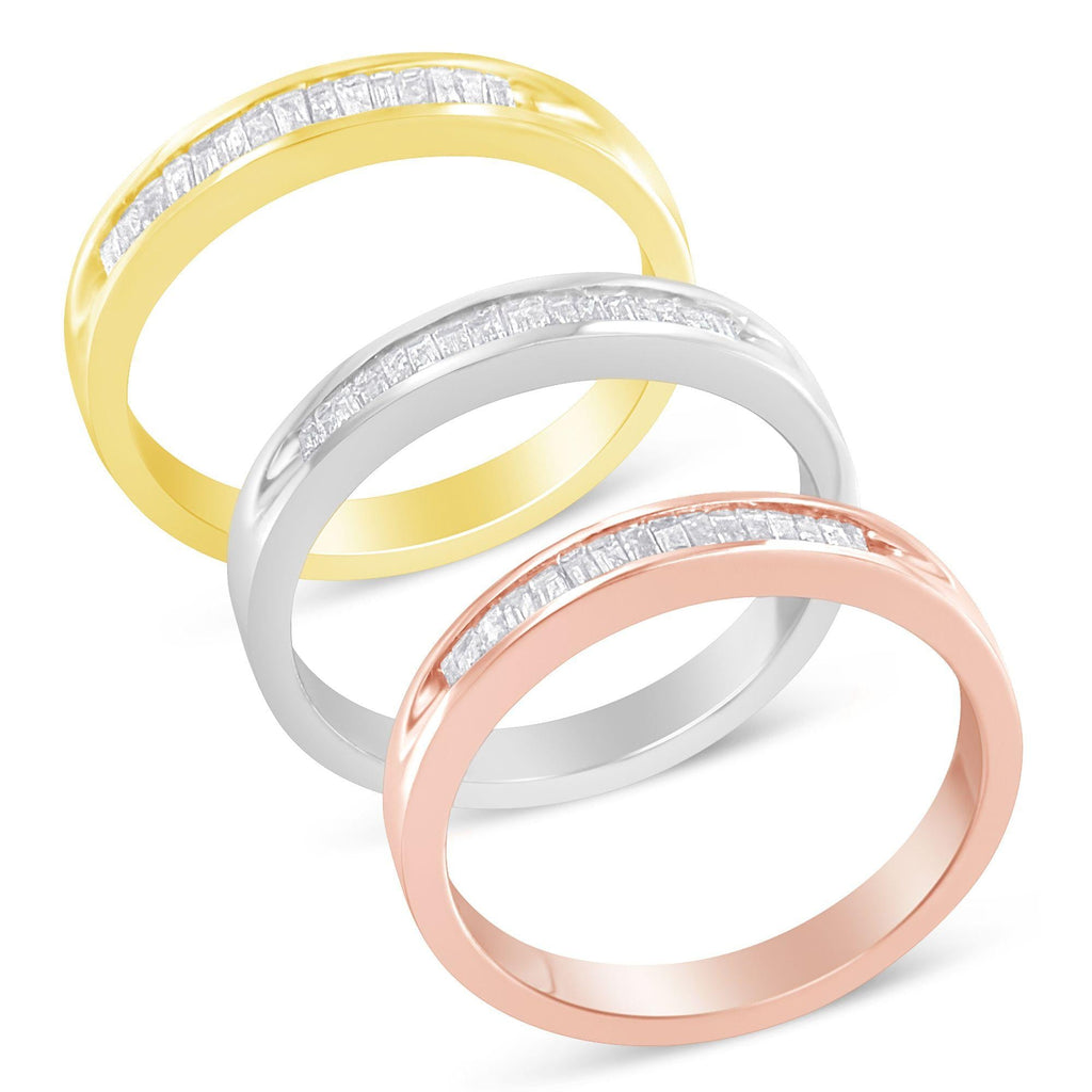 10K Yellow, White and Rose Gold over .925 Sterling Silver 5/8 Cttw Diamond Channel-Set Stackable Band Ring Set (H-I Color, I1-I2 Clarity) - Friggin Jewelry
