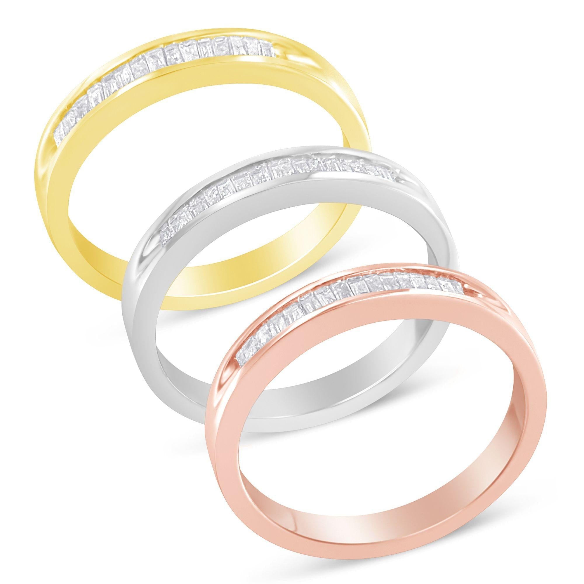 10K Yellow, White and Rose Gold over .925 Sterling Silver 5/8 Cttw Diamond Channel-Set Stackable Band Ring Set (H-I Color, I1-I2 Clarity) - Friggin Jewelry