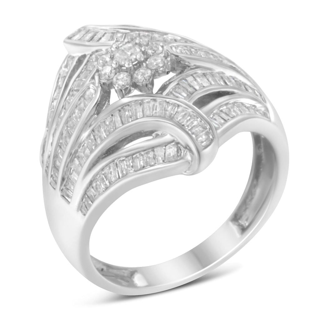 .925 Sterling Silver 1-1/8 Cttw Round & Baguette Diamond 'Flower & Fern' Cluster Cocktail Fashion Ring (I-J Color, I2-I3 Clarity) - Friggin Jewelry