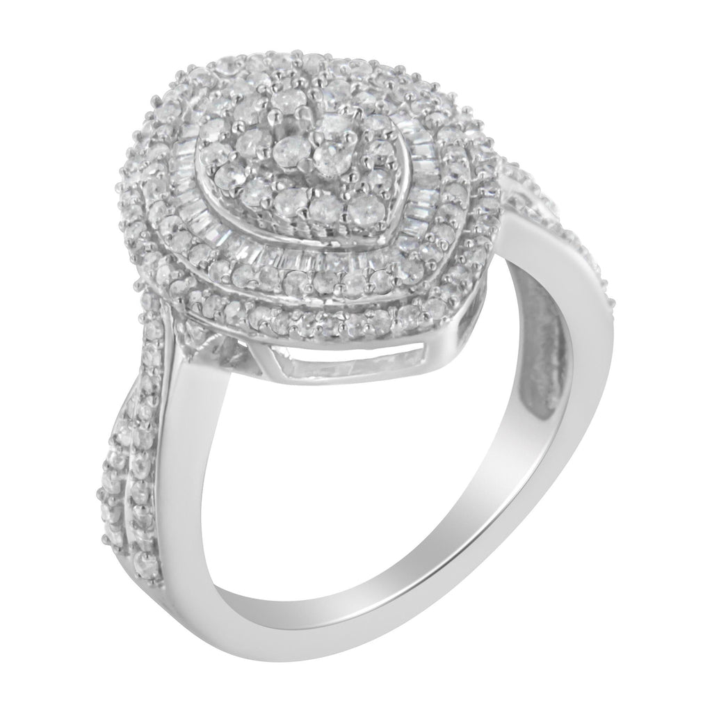 .925 Sterling Silver 1.0 Cttw Round & Baguette-Cut Diamond Marquise-Shaped Cluster Triple Stepped Halo Cocktail Fashion Ring (I-J Color, I2-I3 Clarity) - Friggin Jewelry