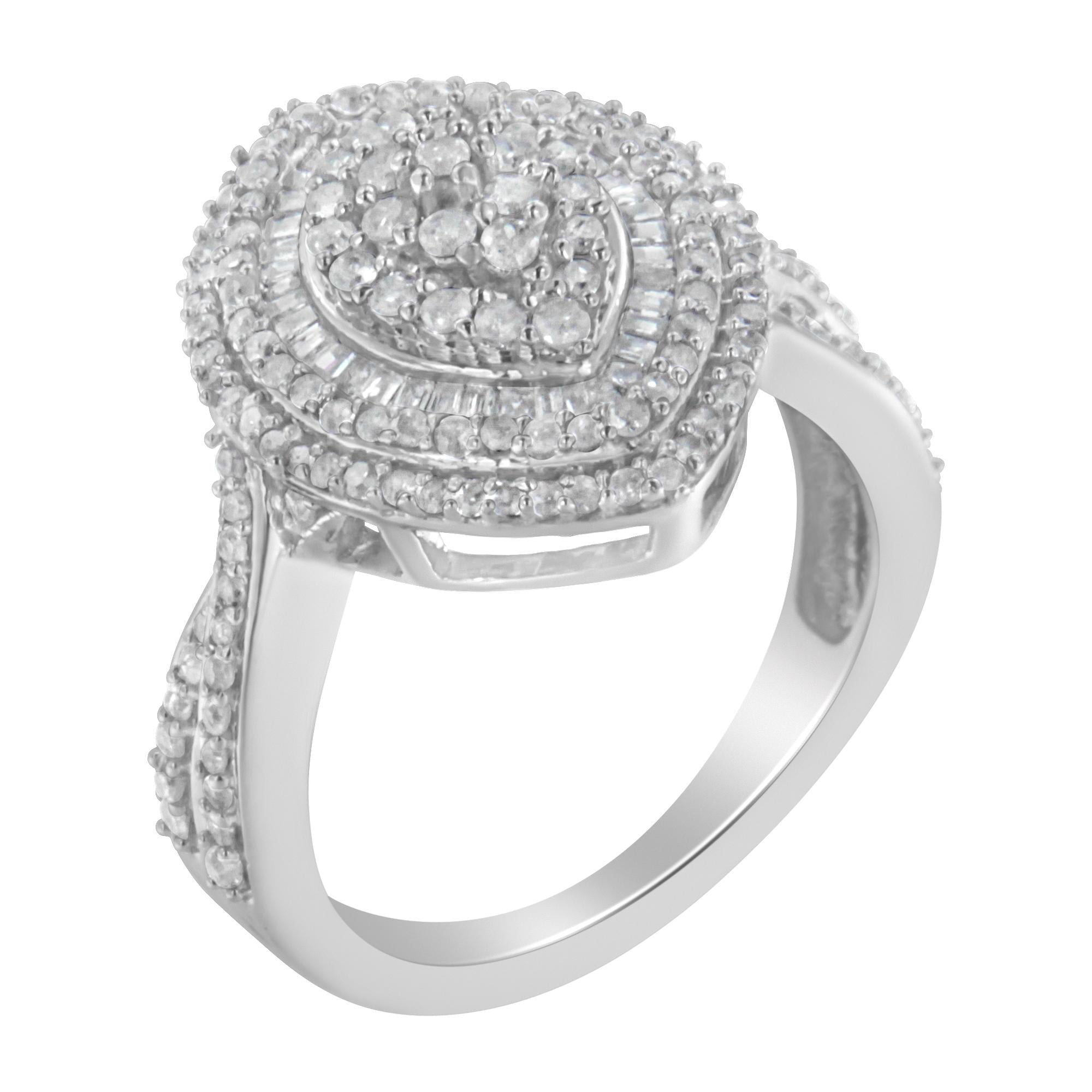 .925 Sterling Silver 1.0 Cttw Round & Baguette-Cut Diamond Marquise-Shaped Cluster Triple Stepped Halo Cocktail Fashion Ring (I-J Color, I2-I3 Clarity) - Friggin Jewelry