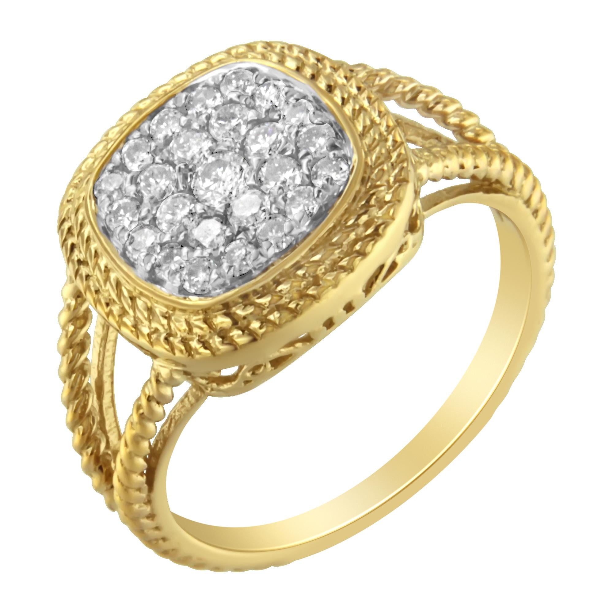10K Yellow Gold Plated .925 Sterling Silver 1/2 Cttw Diamond Square Cushion Cluster Split Shank Cocktail Ring (J-K Color, I2-I3 Clarity) - Friggin Jewelry