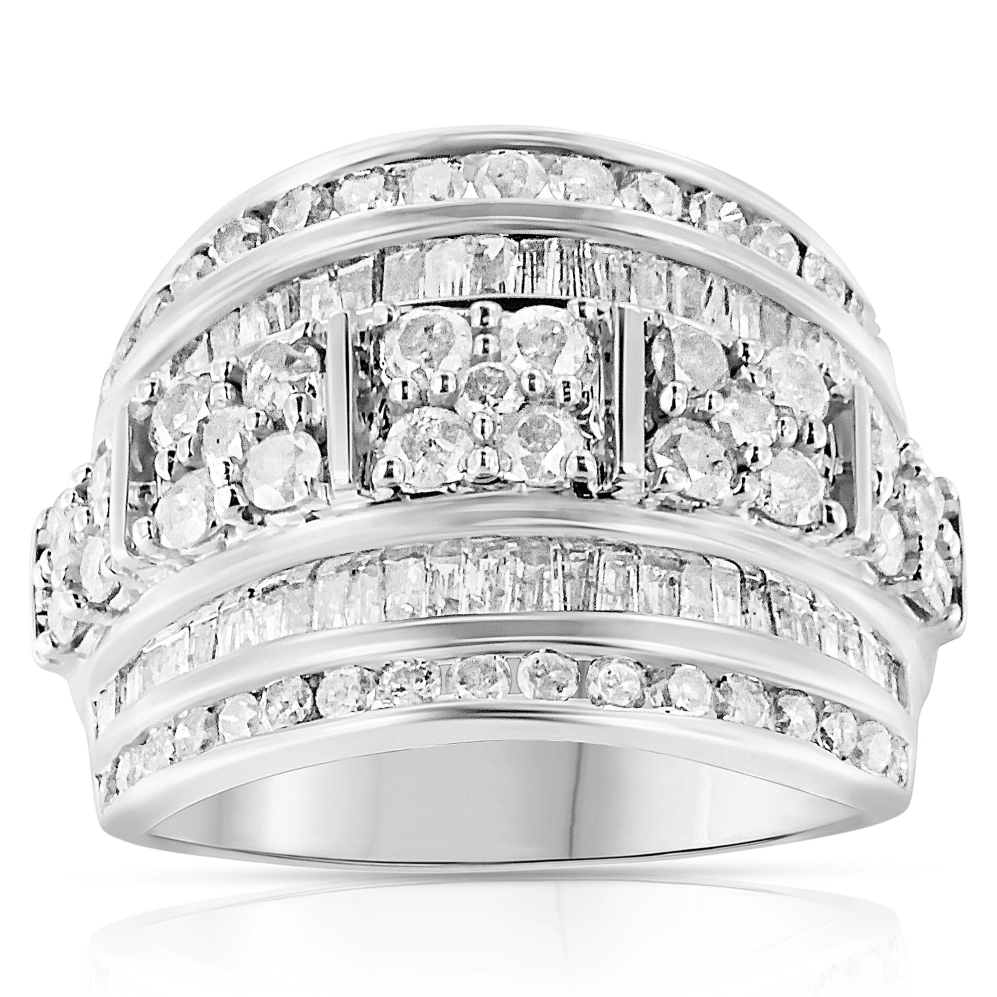 .925 Sterling Silver 2.0 Cttw Round & Baguette Cut Diamond Multi-Row Channel Set Tapered Cocktail Fashion Ring (I-J Color, I3 Clarity) - Friggin Jewelry