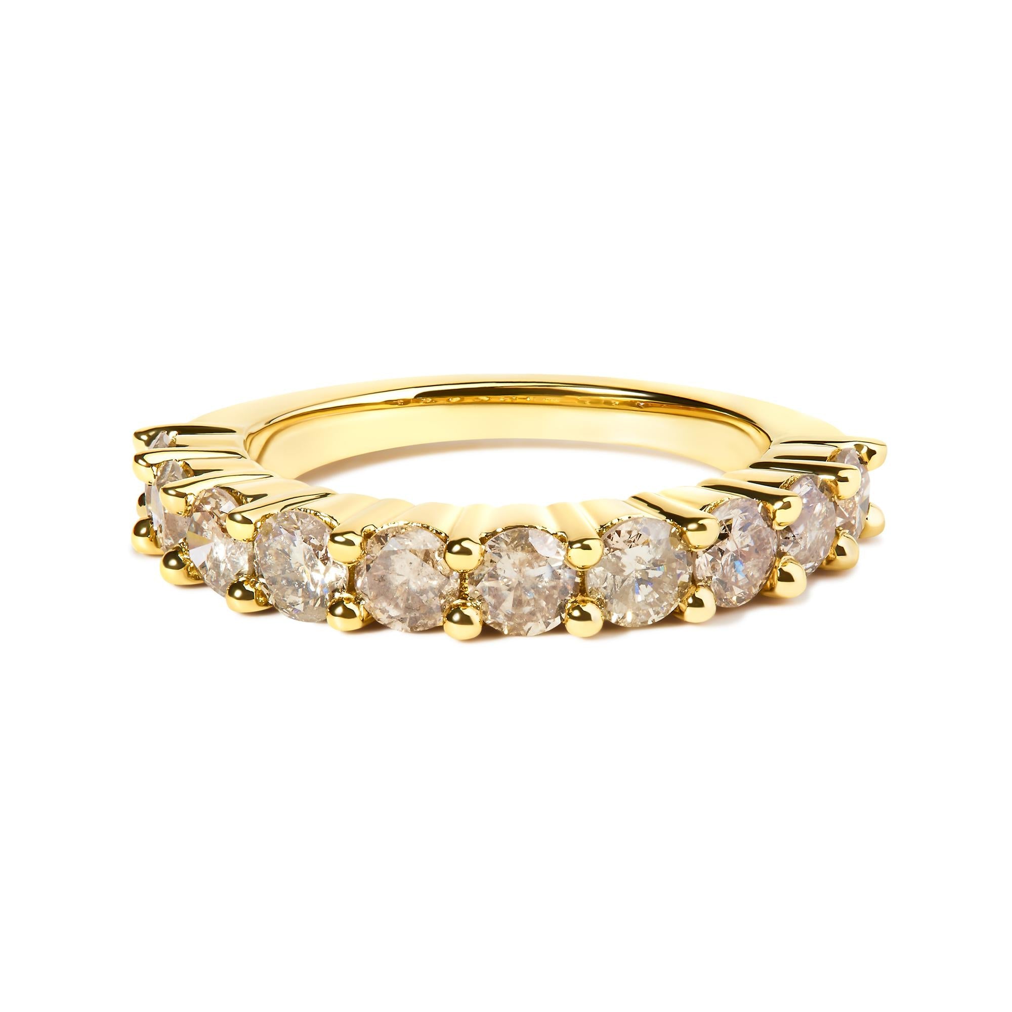 14K Yellow Gold Plated .925 Sterling Silver 2.0 Cttw Round Brilliant Cut Diamond 10 Stone Anniversary Band Ring (J-K Color, I1-I2 Clarity) - Friggin Jewelry