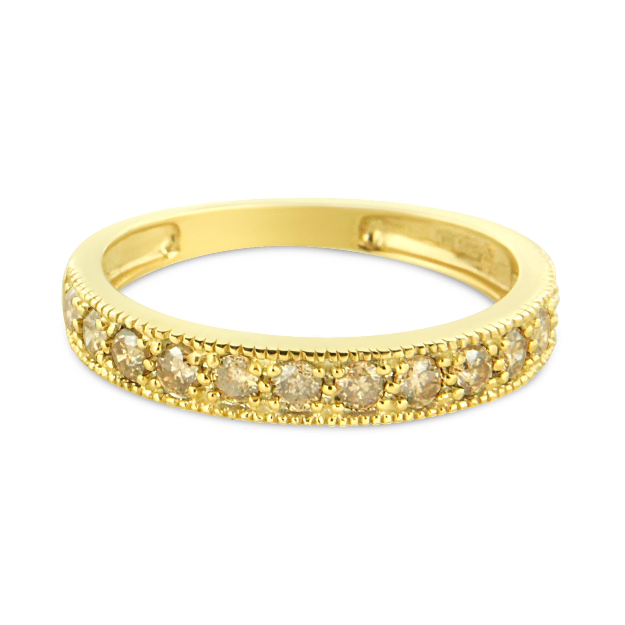 IGI Certified 1/2 Cttw Diamond 10K Yellow Gold Prong Set Beaded Milgrain Band Style Ring (J-K Color, I2-I3 Clarity) - Friggin Jewelry