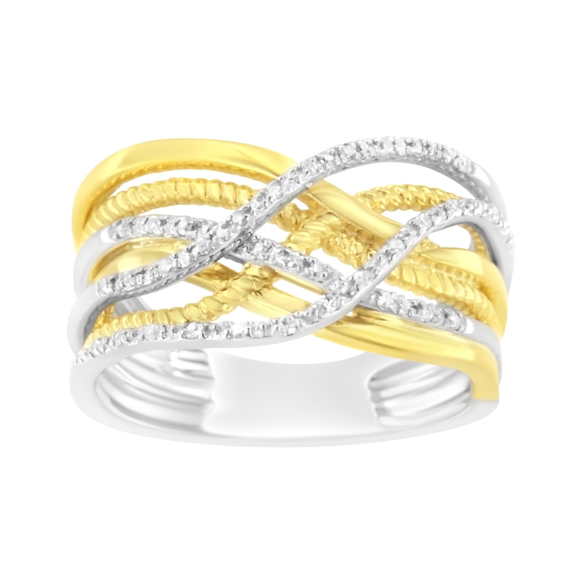 Anillo cruzado de múltiples filas de diamantes de 1/10 quilates con baño de oro amarillo de 10 quilates en plata de ley 925 (color IJ, claridad I1-I2) - Friggin Jewelry