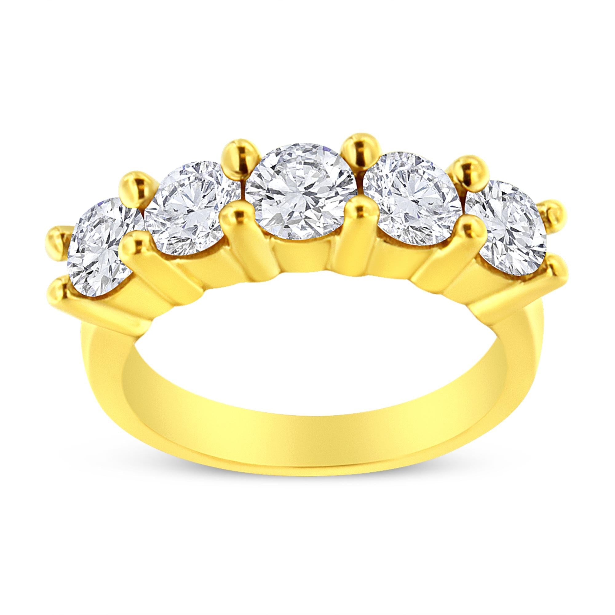 Anillo de bodas de plata de ley 925 bañado en oro amarillo de 14 quilates con 5 diamantes engastados en garras compartidas (color JK, claridad I1-I2) - Friggin Jewelry