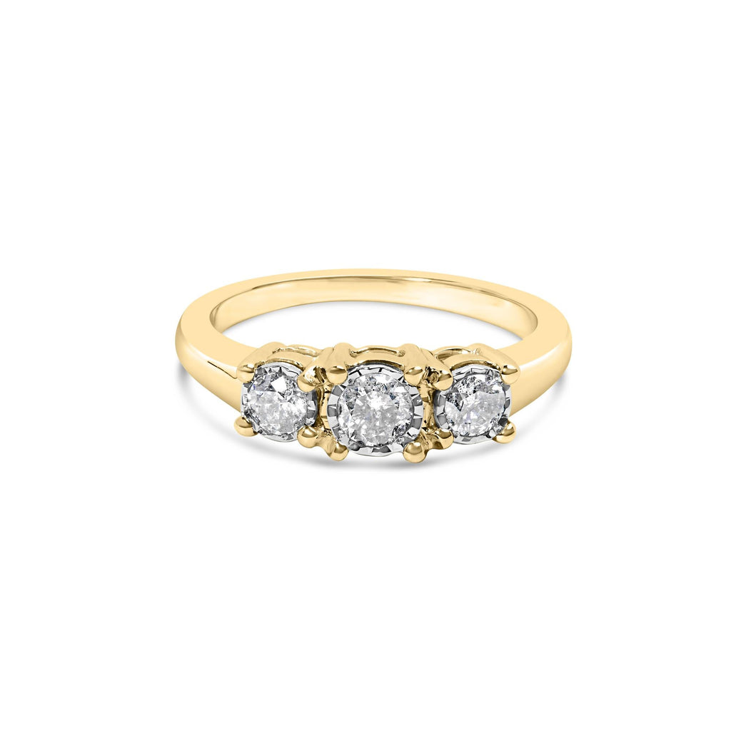 10K Yellow Gold 1/2 Cttw Miracle Set Round Diamond Three Stone Illusion Plate Ring (I-J Color, I2-I3 Clarity) - Friggin Jewelry