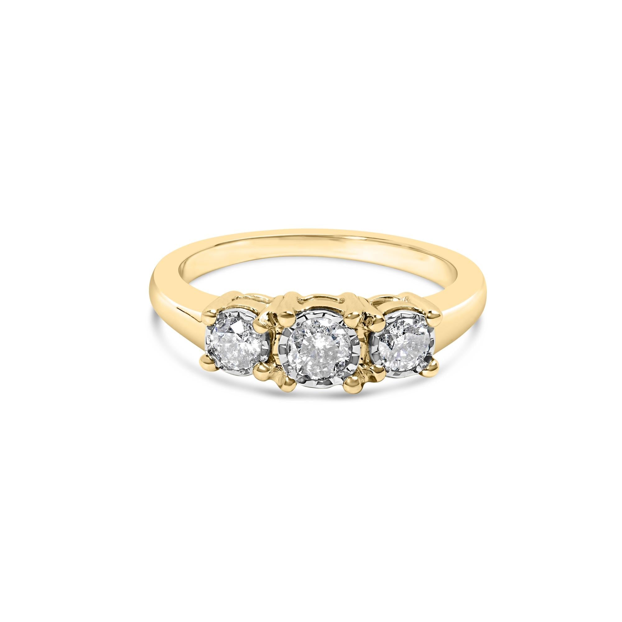 10K Yellow Gold 1/2 Cttw Miracle Set Round Diamond Three Stone Illusion Plate Ring (I-J Color, I2-I3 Clarity) - Friggin Jewelry