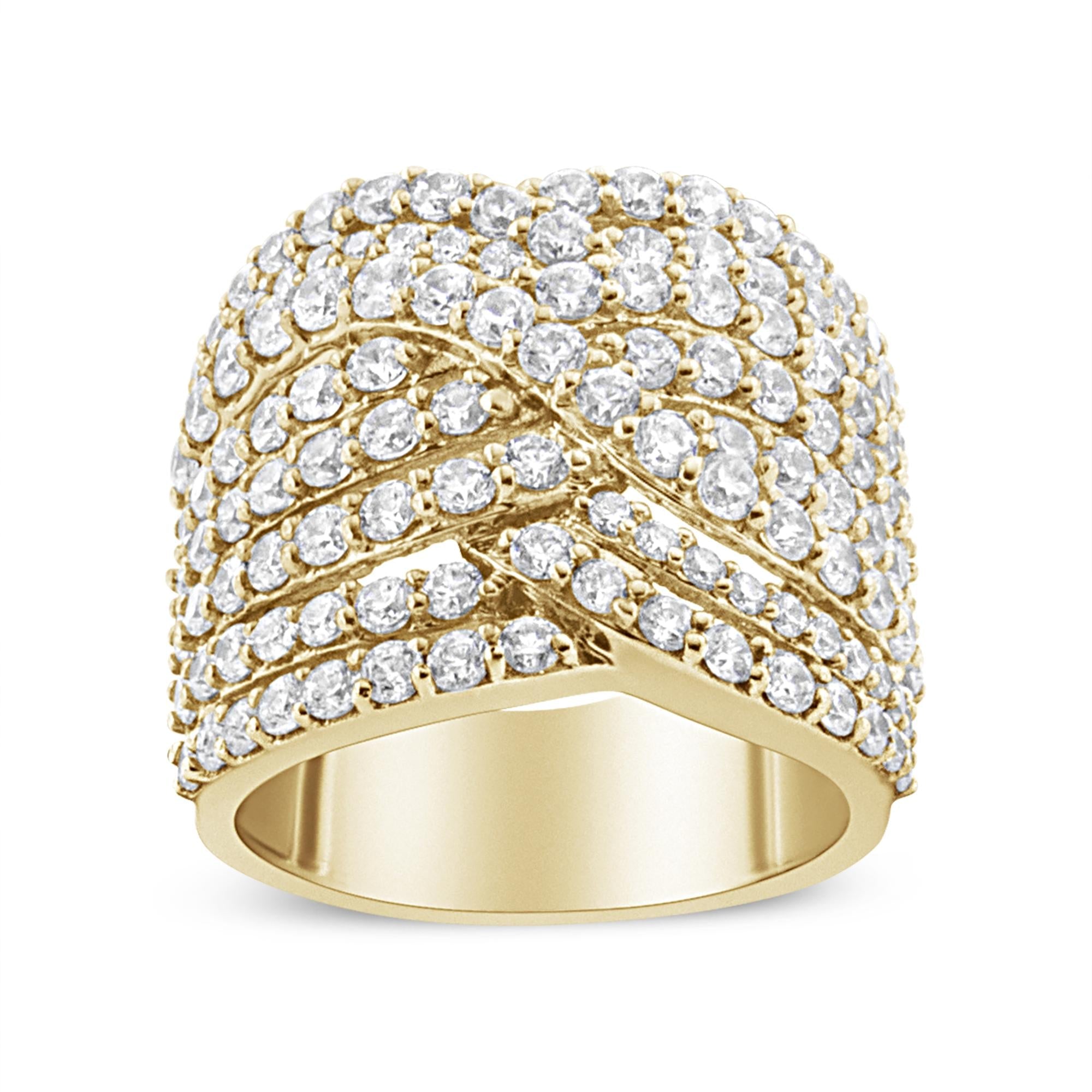 10K Yellow Gold 3.0 Cttw Diamond Eight-Row Bypass Crossover Statement Band Ring (H-I Color, I2-I3 Clarity) - Friggin Jewelry Premium