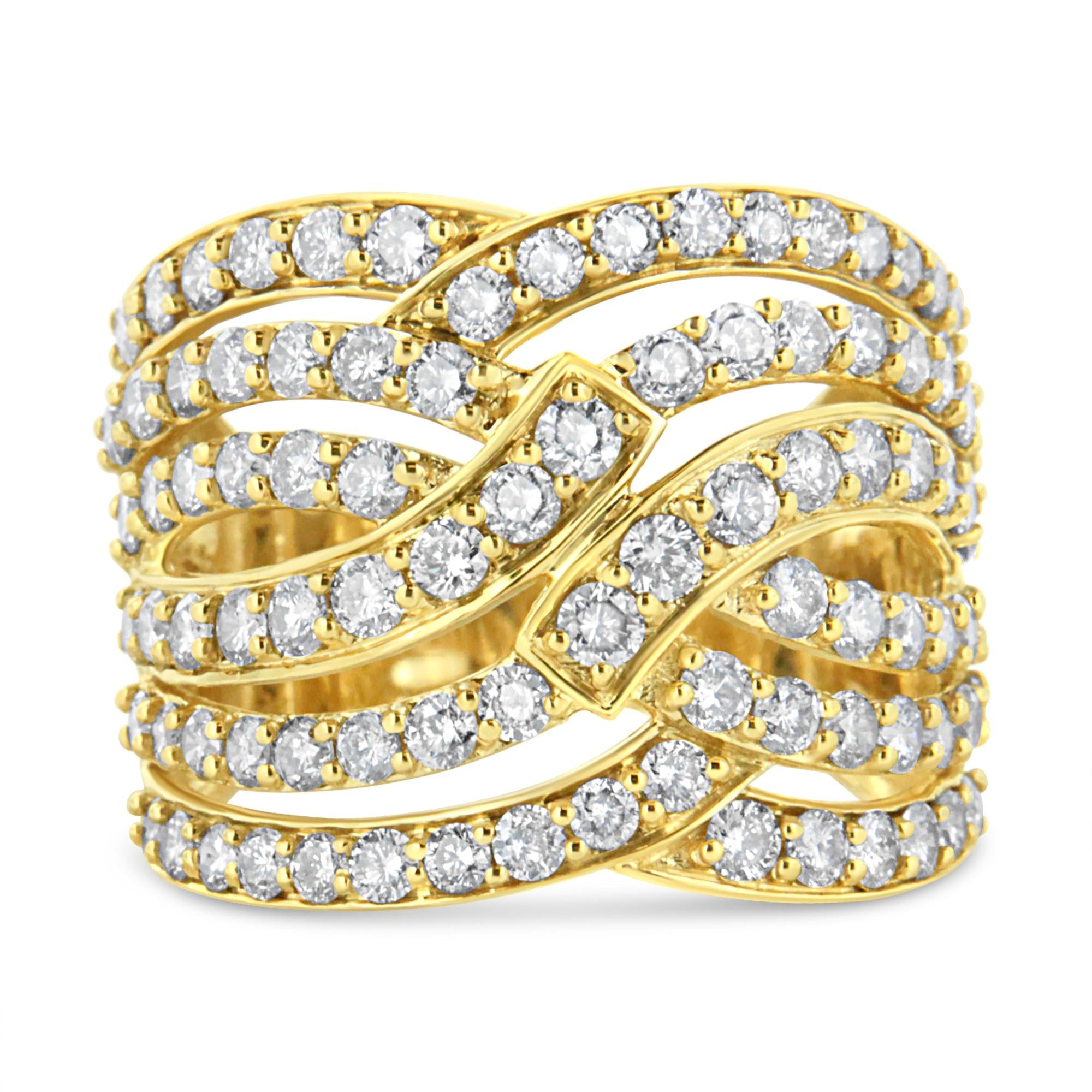10K Yellow Gold 3.00 Cttw Diamond Multi Row Bypass Wave Cocktail Band Ring (J-K Color, I1-I2 Clarity) - Friggin Jewelry Premium