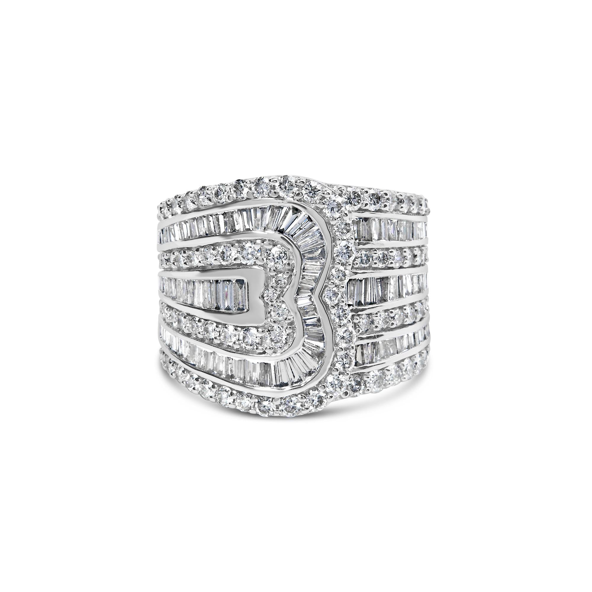 10K White Gold 2 1/2 Cttw Round and Baguette-Cut Diamond Multi-Row Bypass Ring (J-K Color, I2-I3 Clarity) - Friggin Jewelry Premium