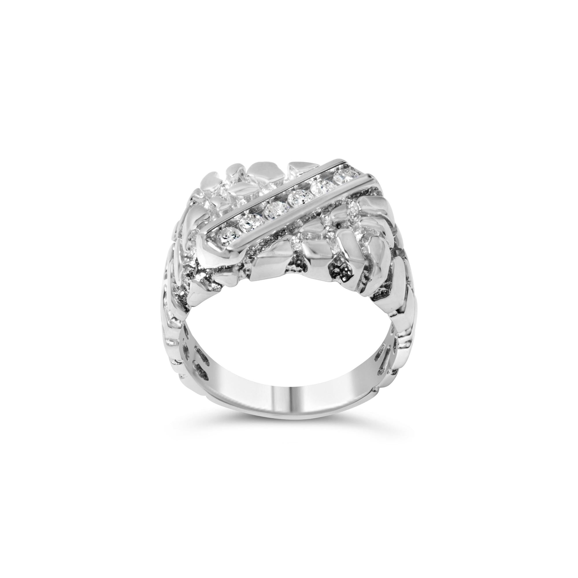 .925 Sterling Silver 1/3 Diamond 6 Stone Rectangle Nugget Gents Ring - Friggin Jewelry