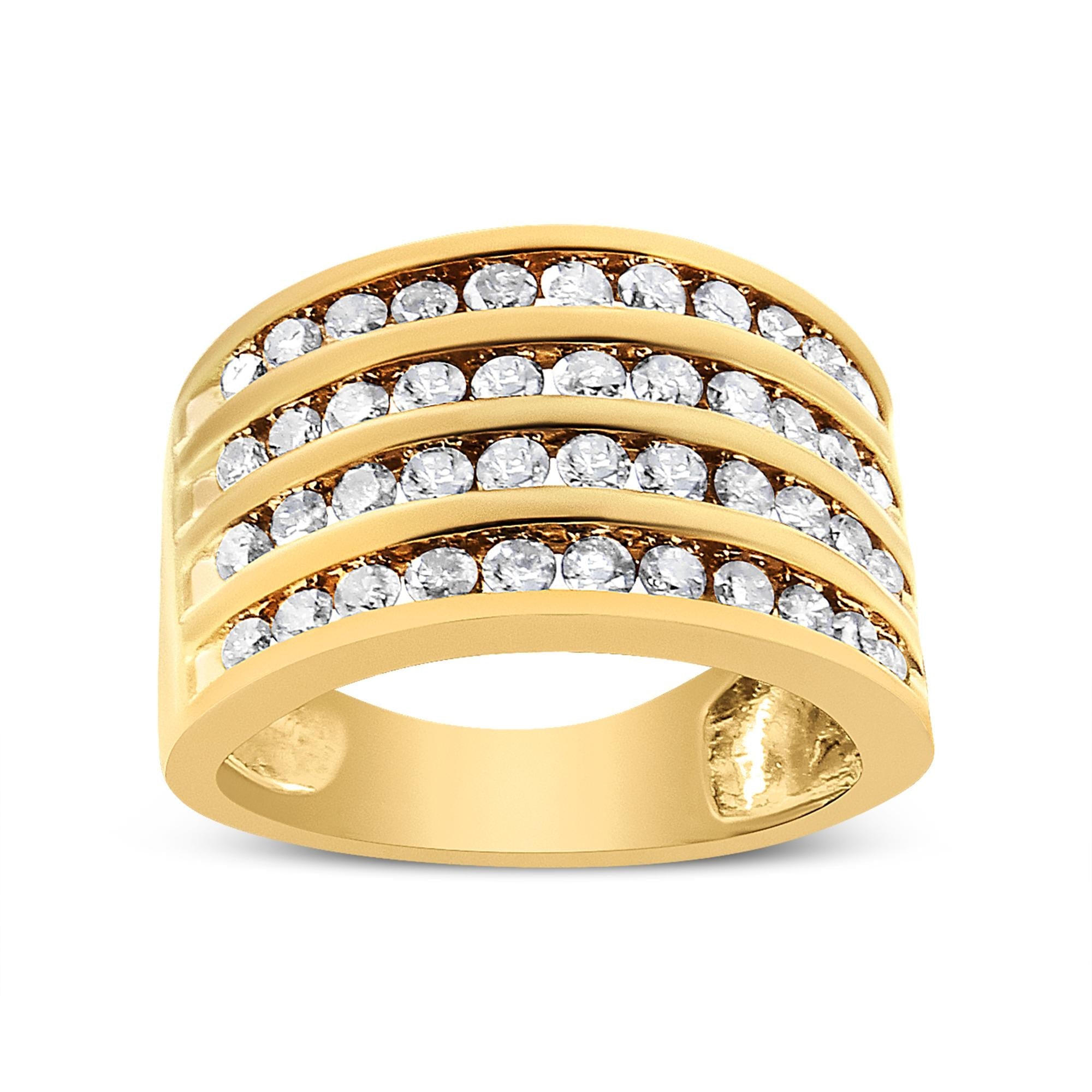 Anillo de banda de canal de cuatro filas de diamantes de 1 1/2 ct con baño de oro amarillo de 10 quilates y plata esterlina 925 (color champán, claridad I2-I3) - Friggin Jewelry