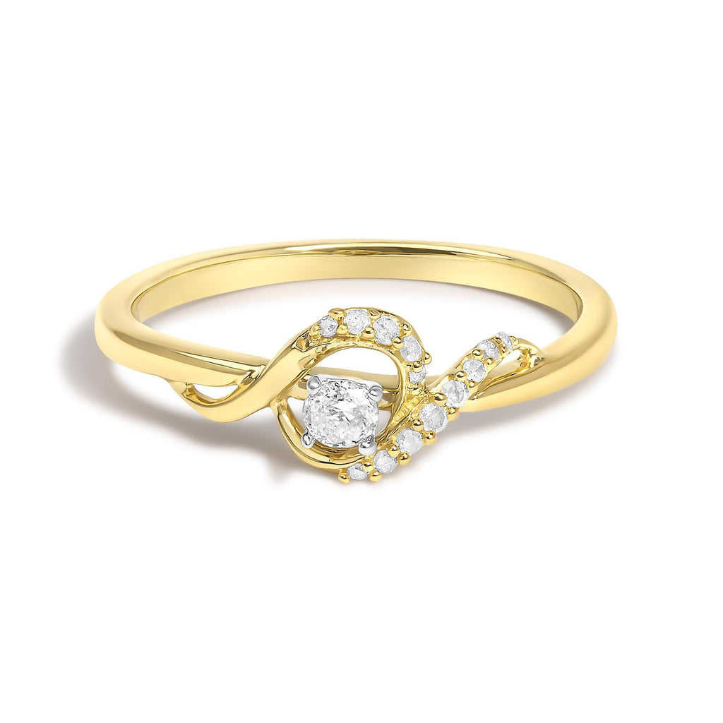 Anillo de compromiso de plata de ley 925 con baño de oro amarillo de 14 quilates y halo de diamantes de 1/6 quilates (color IJ, claridad I3) - Friggin Jewelry