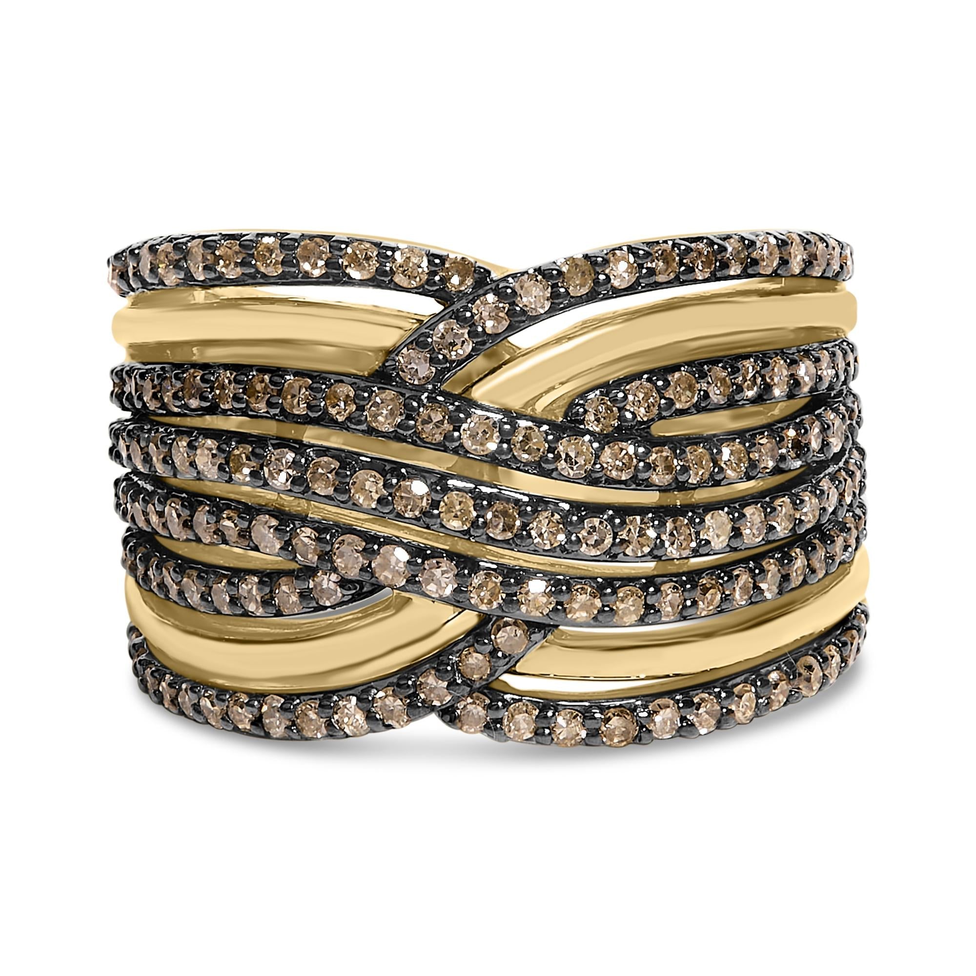 10K Yellow Gold Plated .925 Sterling Silver 1.0 Cttw Champagne Diamond Multi Row Cross Over Band Ring - Friggin Jewelry