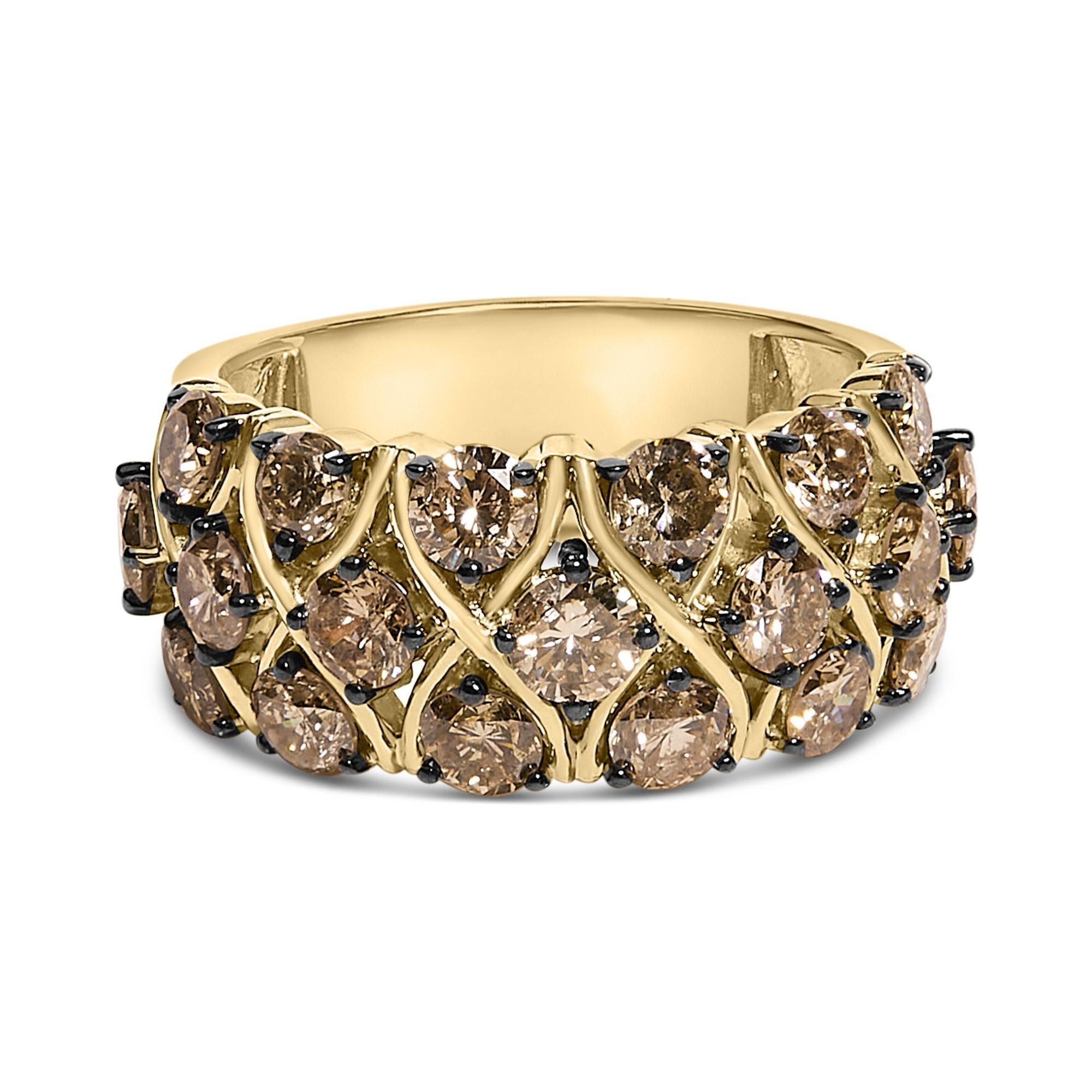 10K Yellow Gold Plated .925 Sterling Silver 3.0 Cttw Champagne Diamond Multi Lattice Band Ring - Friggin Jewelry