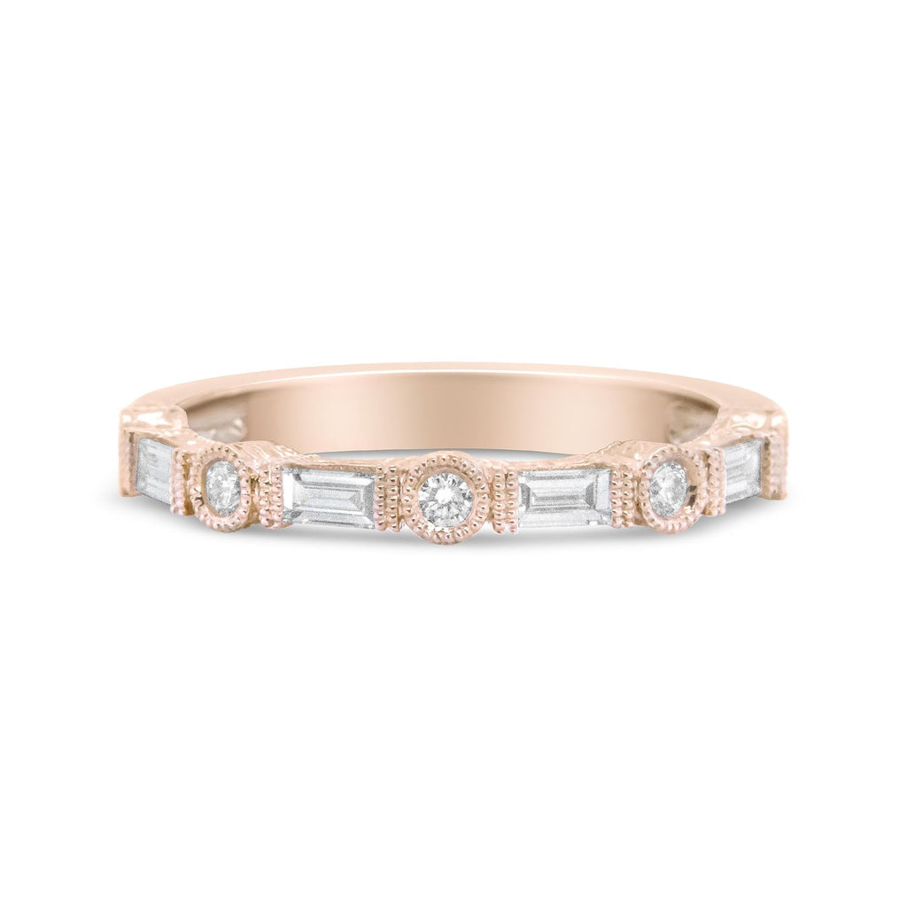 Anello nuziale in oro rosa 14 carati con diamanti taglio baguette e taglio rotondo da 3/8 ct - (colore HI, purezza VS1-VS2) - Friggin Jewelry