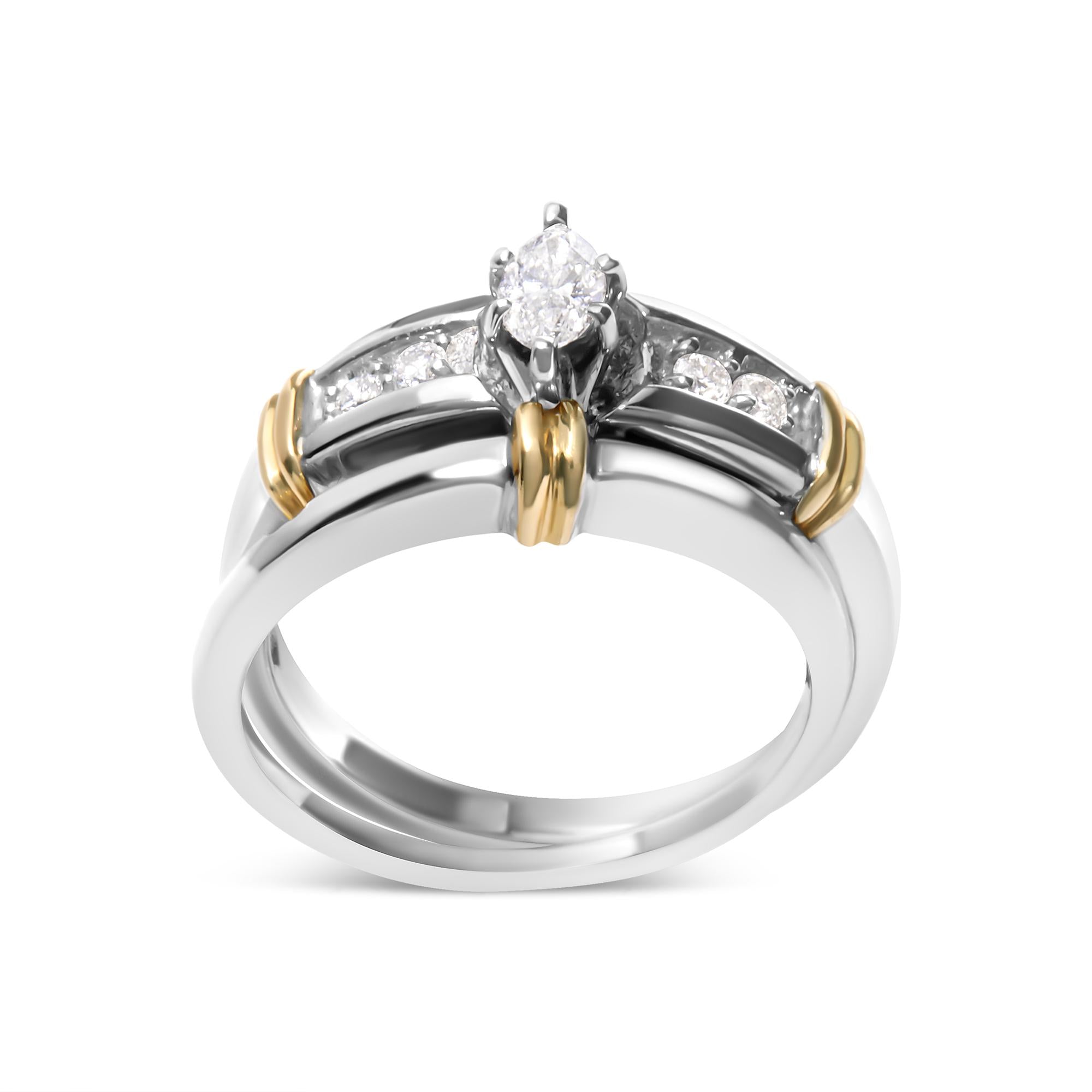 14K Yellow and White Gold 1/3 Cttw Marquise Diamond Cocktail Engagement Ring Set (H-I Color, SI1-SI2 Clarity) - Friggin Jewelry