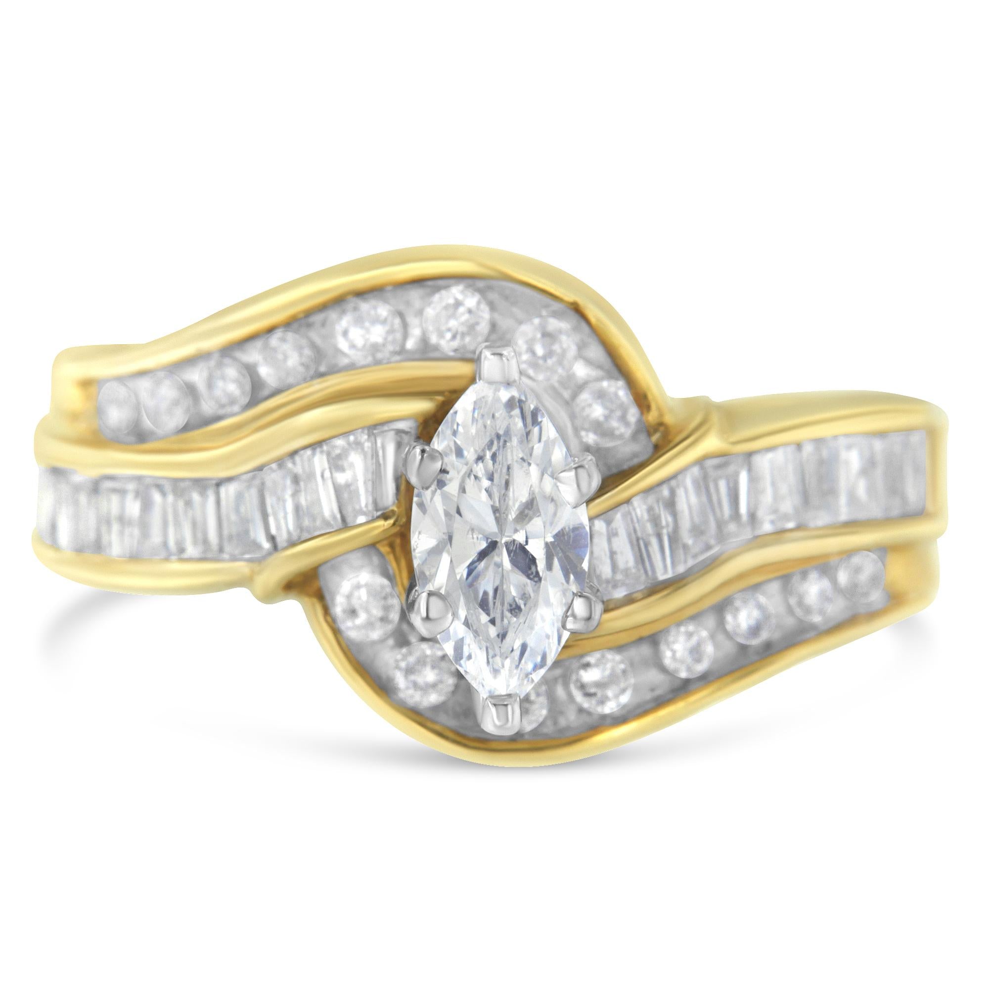 14KT Two-Toned Gold Marquise, Baguette and Round Cut Diamond Bypass Ring (1 cttw, H-I Color, SI1-SI2 Clarity) - Friggin Jewelry