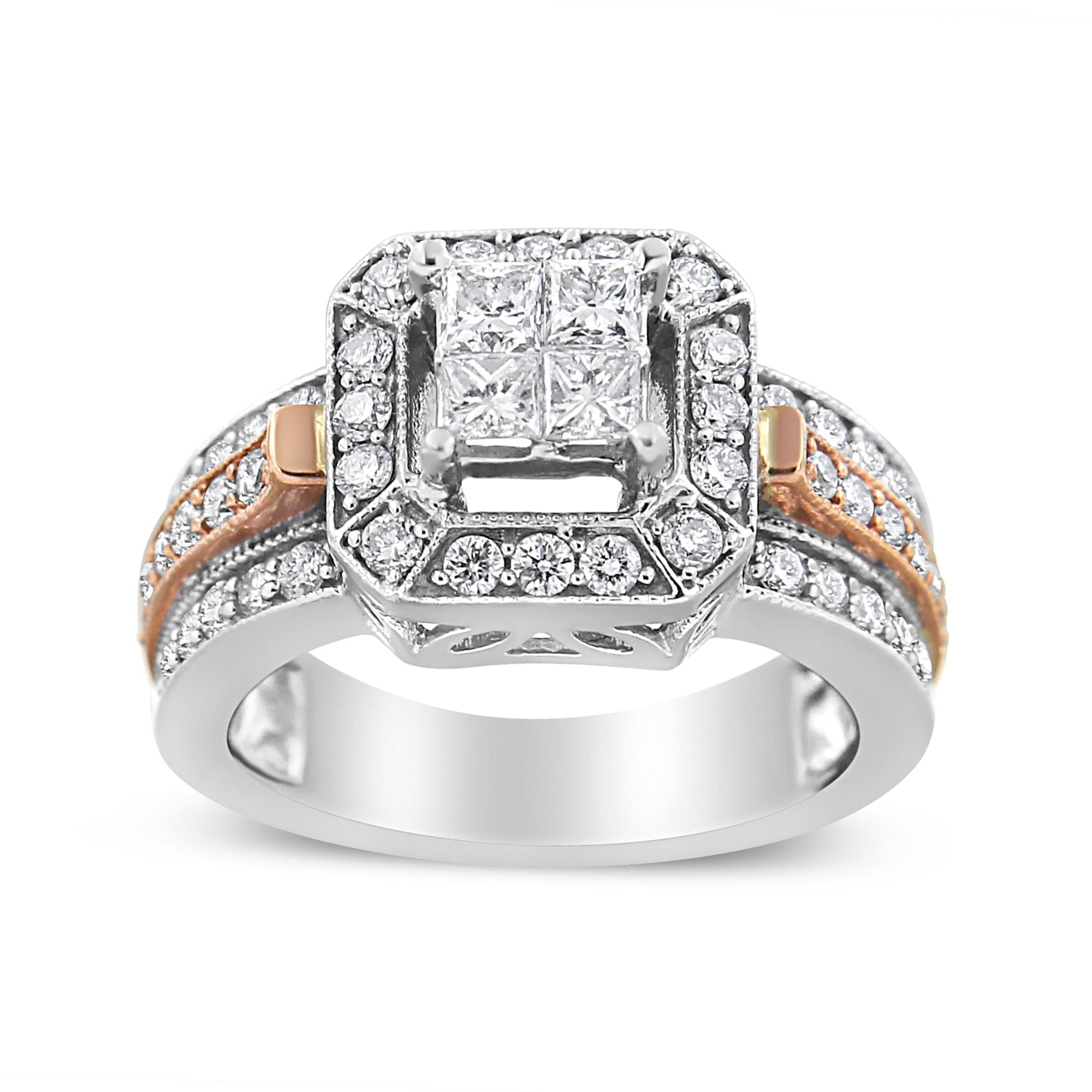 14K White and Rose Gold 1 1/8 Cttw Princess and Round-Cut Diamond Art Deco Style Triple Shank Halo Cocktail Ring (I-J Color, SI2-I1 Clarity) - Friggin Jewelry Premium