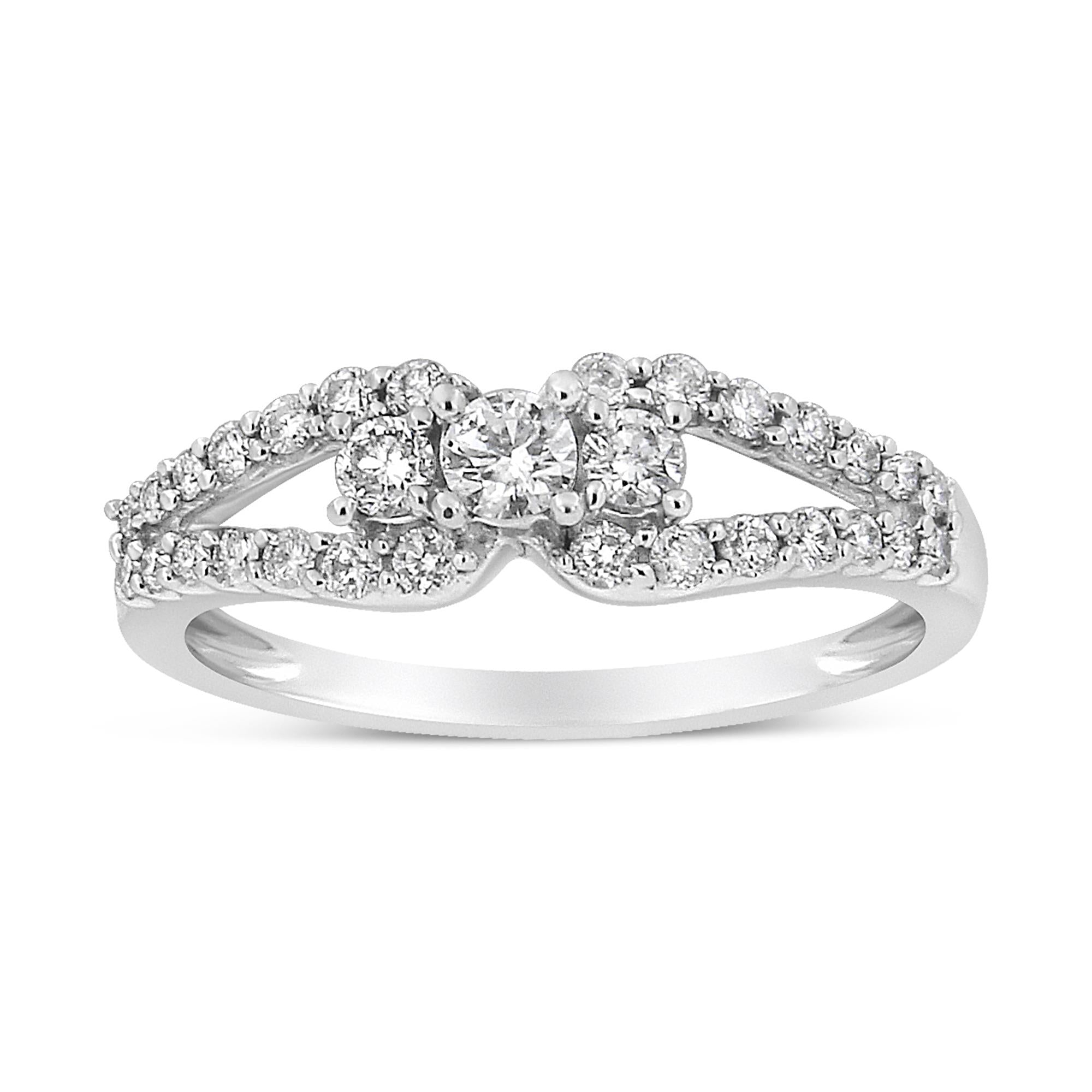 10K White Gold 1/2 Cttw Round Cut Diamond Three Stone Split Shank Band Ring (H-I Color, SI1-SI2 Clarity) - Friggin Jewelry