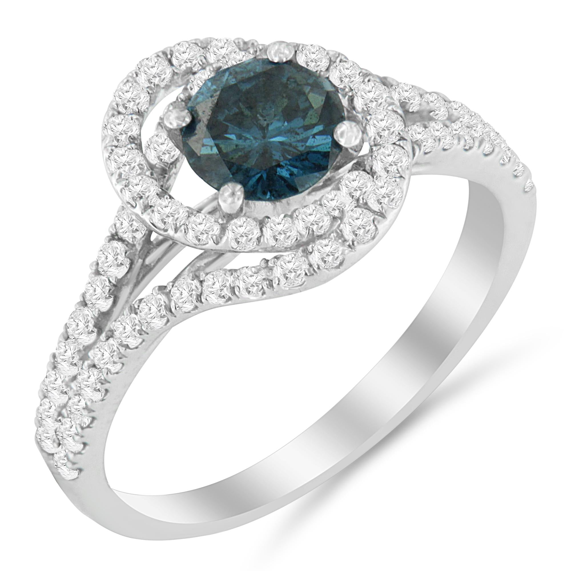 14K White Gold 1-1/3 Cttw White & Blue Diamond Interweaving Double Halo Cocktail Statement Ring (G-H and Fancy Blue Color, SI2-I1 Clarity) - Friggin Jewelry
