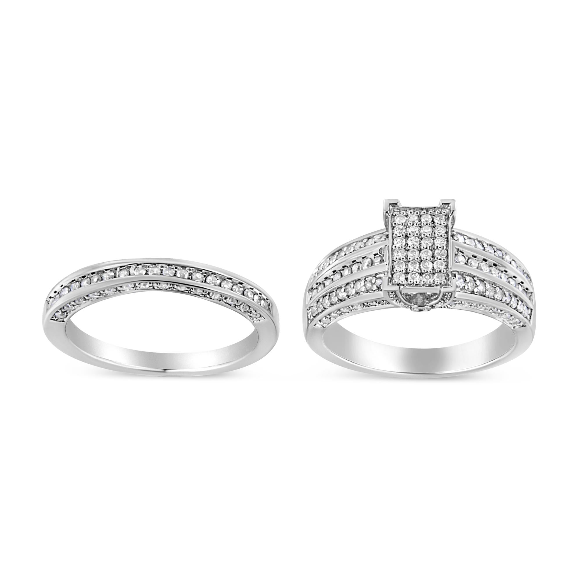 Anillo de compromiso y banda de diamantes redondos engastados en garras de 3/4 quilates en plata de ley 925 (color IJ, claridad I3) - Friggin Jewelry