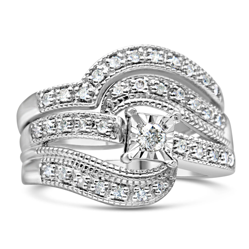 .925 Sterling Silver 1/3 Cttw Round Diamond Crisscross Engagement Ring Bridal Set (H-I Color, I1-I2 Clarity ) - Friggin Jewelry