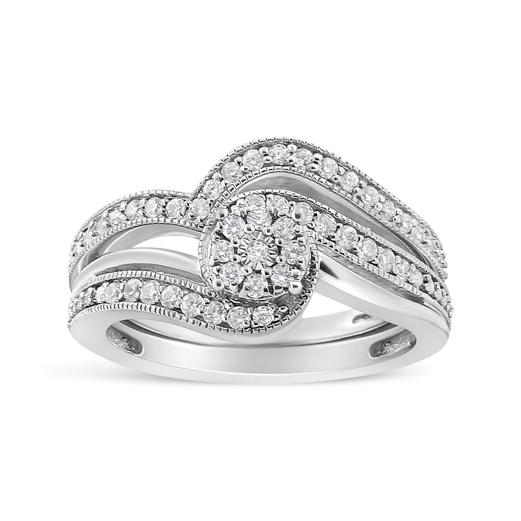 .925 Sterling Silver 1/3ct Cttw Multi-Diamond Bypass Vintage-Style Bridal Set Ring and Band (I-J Color, I3 Clarity) - Friggin Jewelry