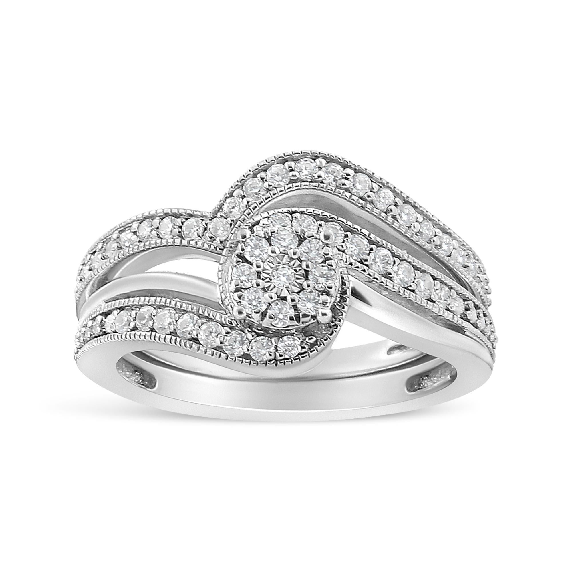 .925 Sterling Silver 1/3ct Cttw Multi-Diamond Bypass Vintage-Style Bridal Set Ring and Band (I-J Color, I3 Clarity) - Friggin Jewelry