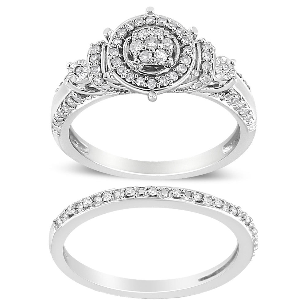 .925 Sterling Silver 1/3 Cttw Diamond 7 Stone Cluster and Halo Engagement Ring and Wedding Band Set (I-J Color, I1-I2 Clarity) - Friggin Jewelry