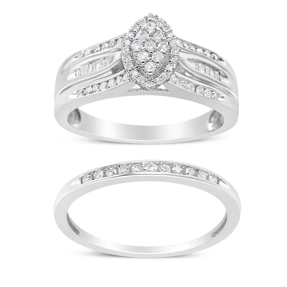 Conjunto de compromiso nupcial con diamantes de talla baguette y redondos de 1/2 quilates en plata de ley 925 (color IJ, claridad I1-I2) - Friggin Jewelry
