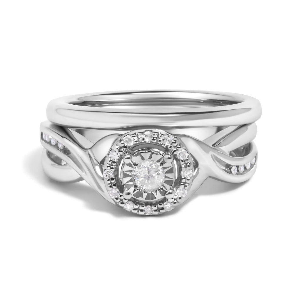 Anillo de compromiso y alianza de boda en plata de ley 925 con halo de diamantes de 1/7 quilates (color IJ, claridad I3) - Friggin Jewelry