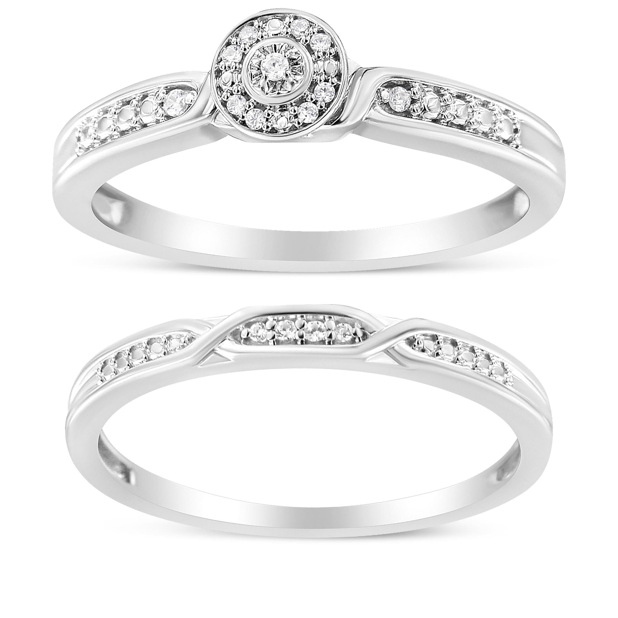 Anillo y alianza nupcial de plata de ley 925 con marco con detalles de diamantes y vástago retorcido (color IJ, claridad I3) - Friggin Jewelry