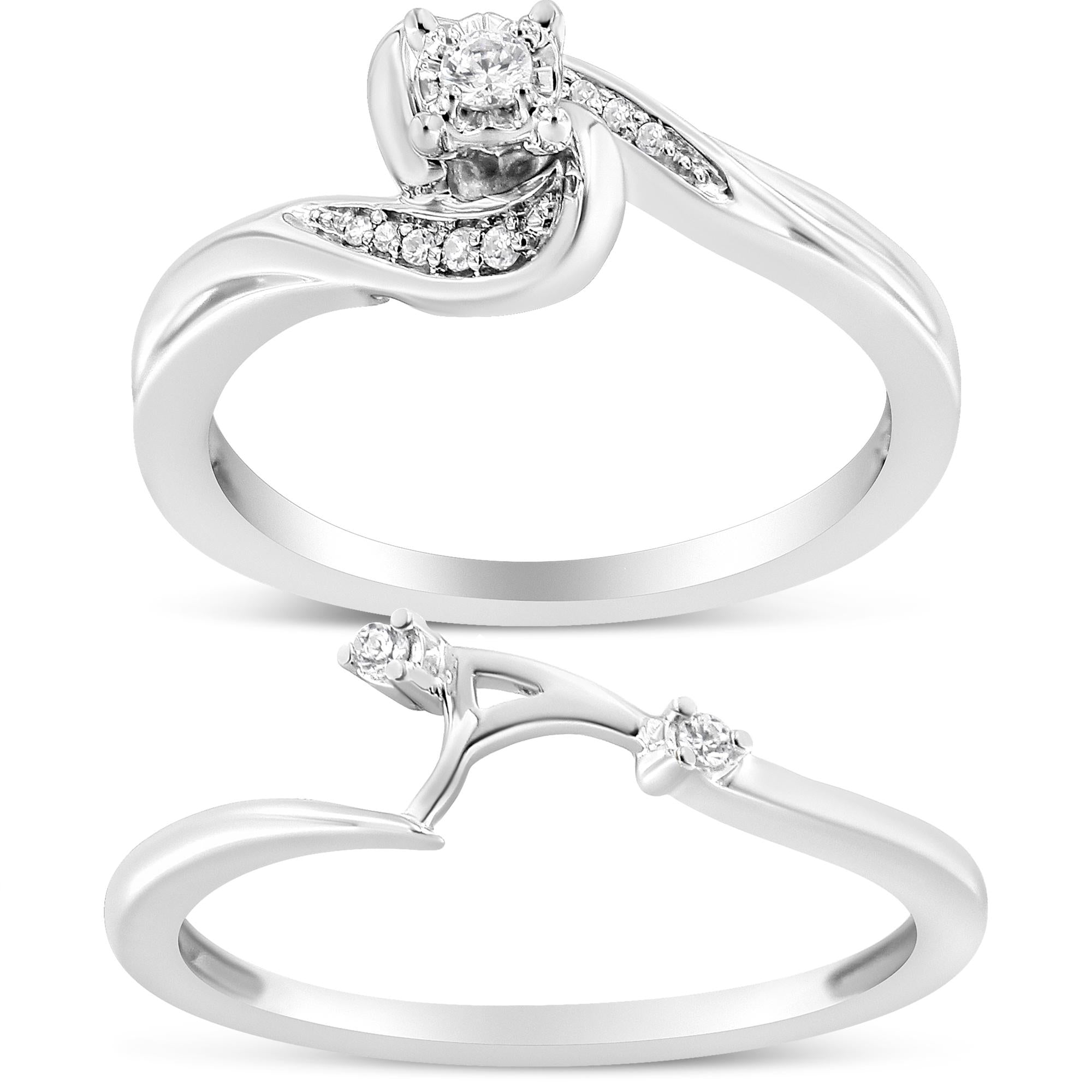.925 Sterling Silver 1/10 Cttw Diamond Swirl and Bypass Bridal Set Ring and Band (I-J Color, I3 Clarity) - Friggin Jewelry