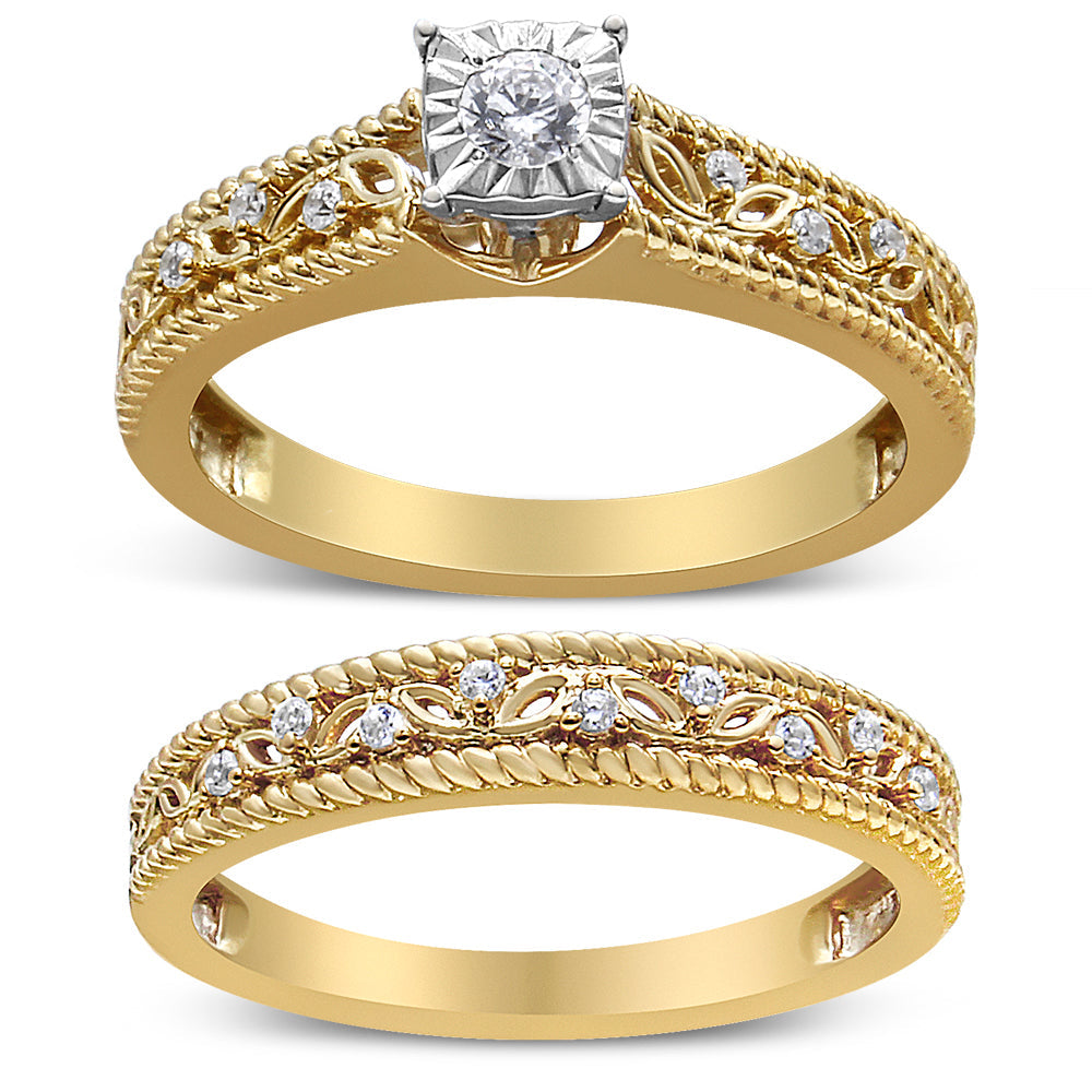 14K Yellow Gold Plated .925 Sterling Silver 1/5 Cttw Diamond Art Deco Style Engagement Ring Bridal Set (I-J Color, I3 Clarity) - Friggin Jewelry