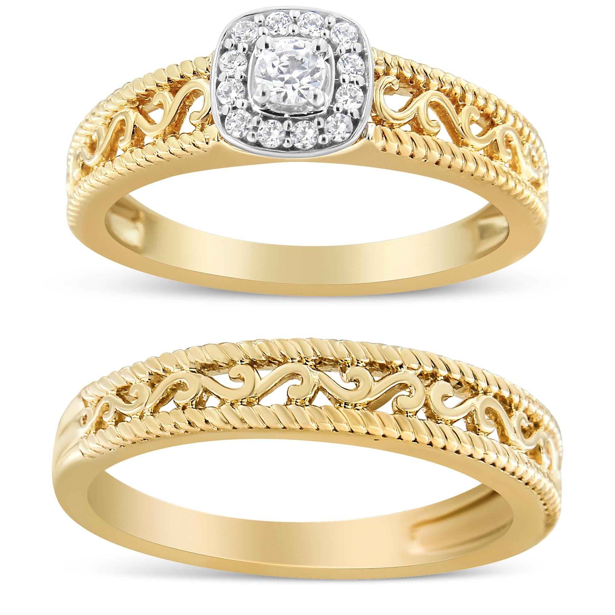 14K Yellow Gold Plated .925 Sterling Silver 1/5 Cttw Diamond Halo and Milgrain Finish Engagement Ring Bridal Set (I-J Color I3 Clarity) - Friggin Jewelry