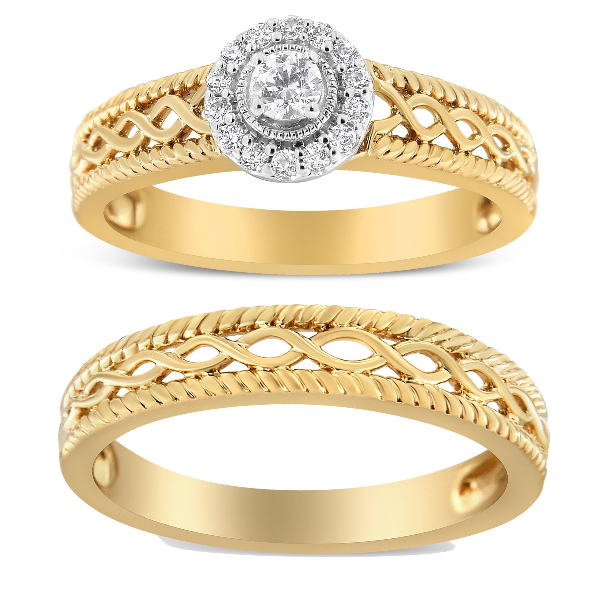 14K Yellow Gold Plated .925 Sterling Silver 1/5 Cttw Diamond Halo Engagement Ring and Wedding Band Set (I-J Color, I3 Clarity) - Friggin Jewelry