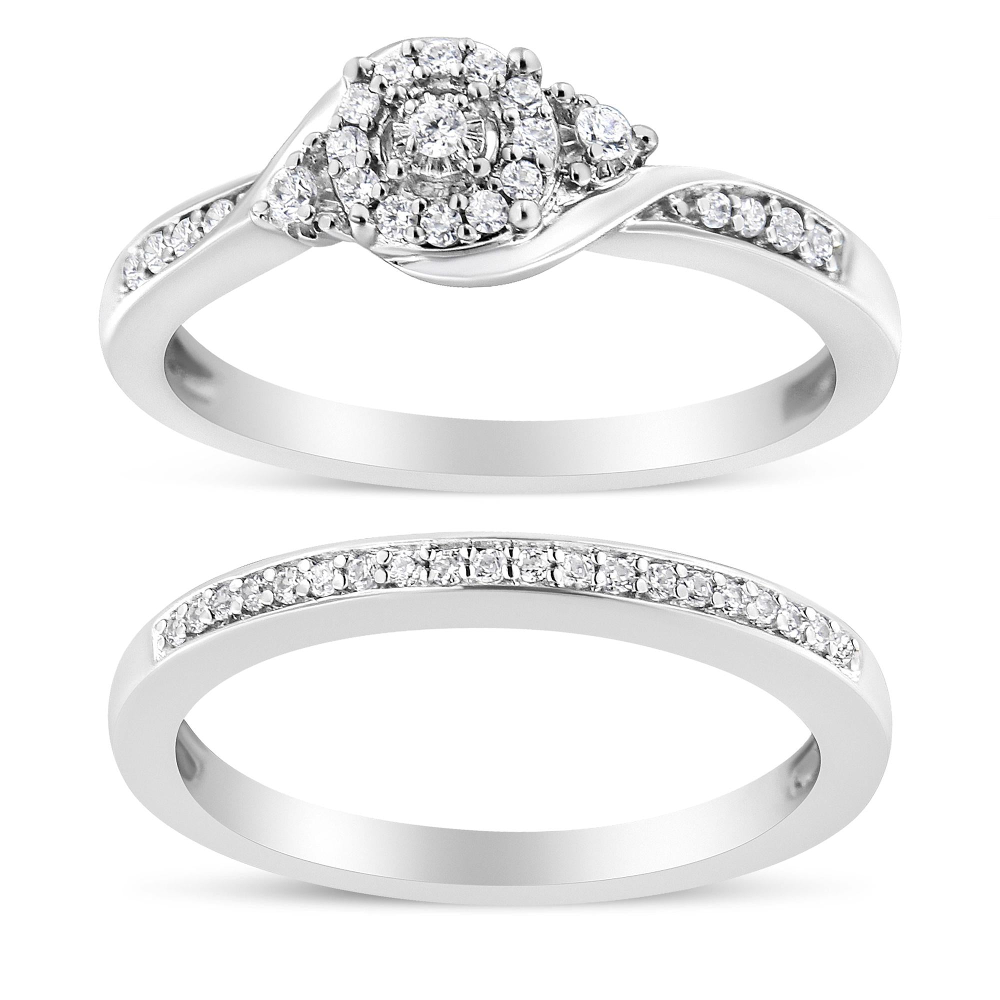 Anillo de compromiso y alianza de boda en plata de ley 925 con halo de diamantes de 1/4 quilates y espiral (color IJ, claridad I3) - Friggin Jewelry